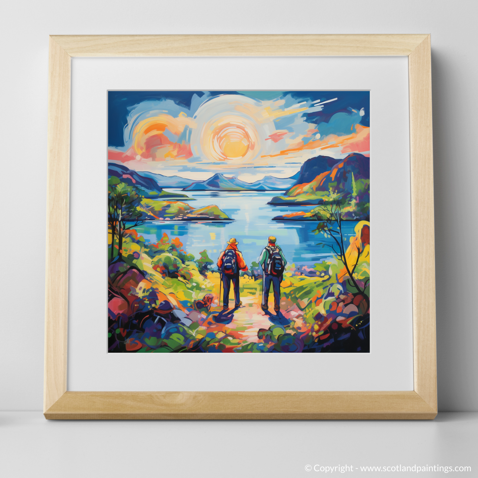 Art Print of Two hikers looking out on Loch Lomond with a natural frame