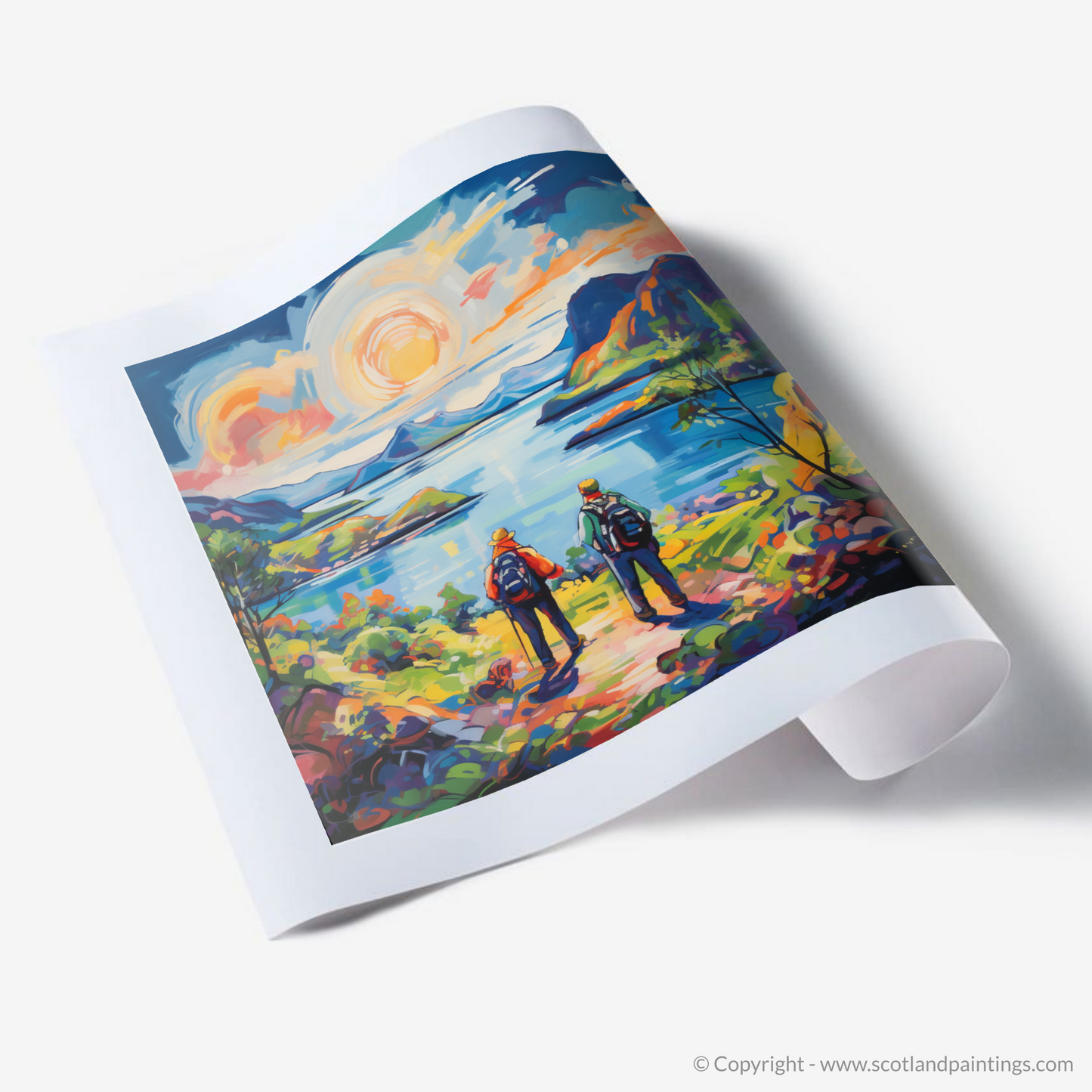 Art Print of Two hikers looking out on Loch Lomond