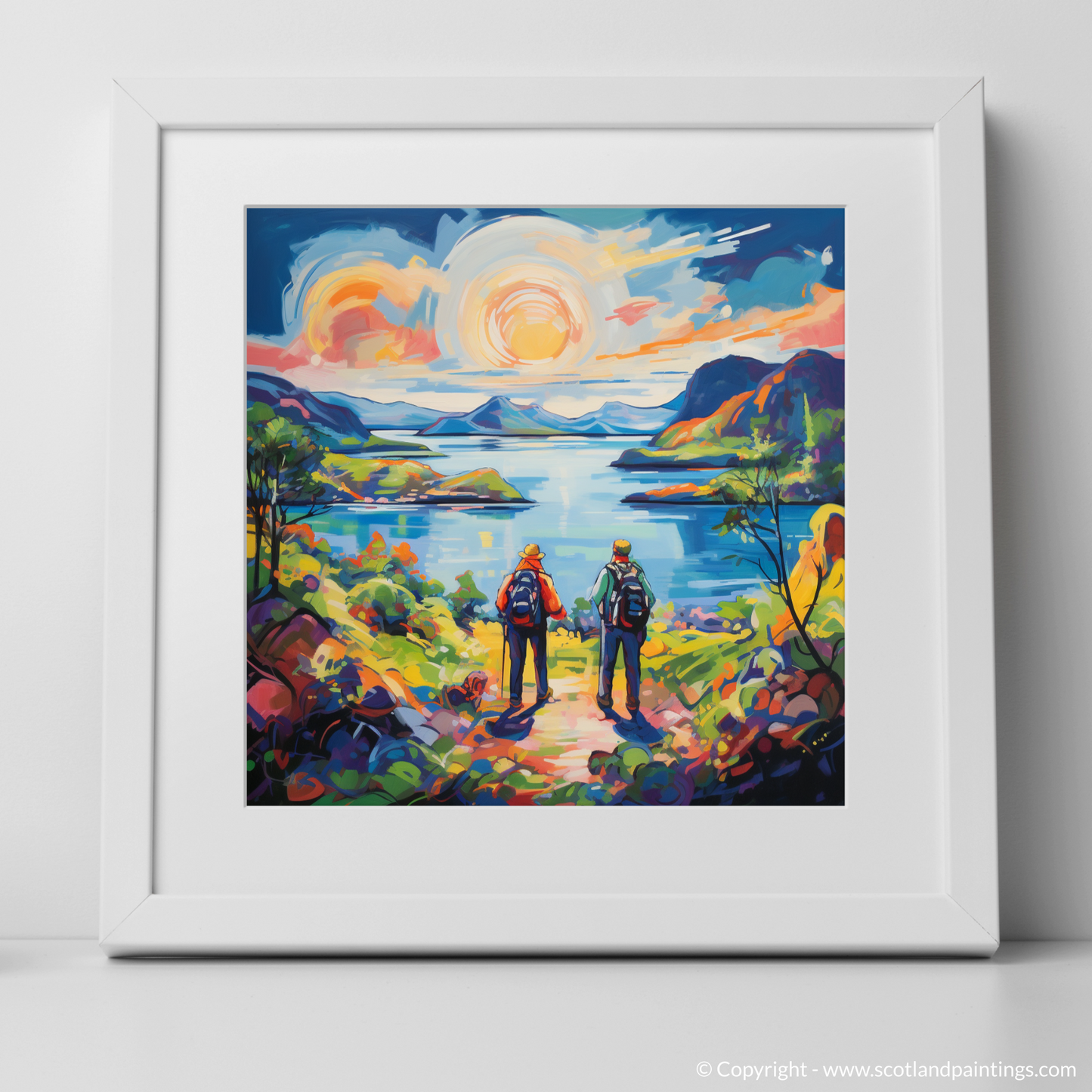 Art Print of Two hikers looking out on Loch Lomond with a white frame