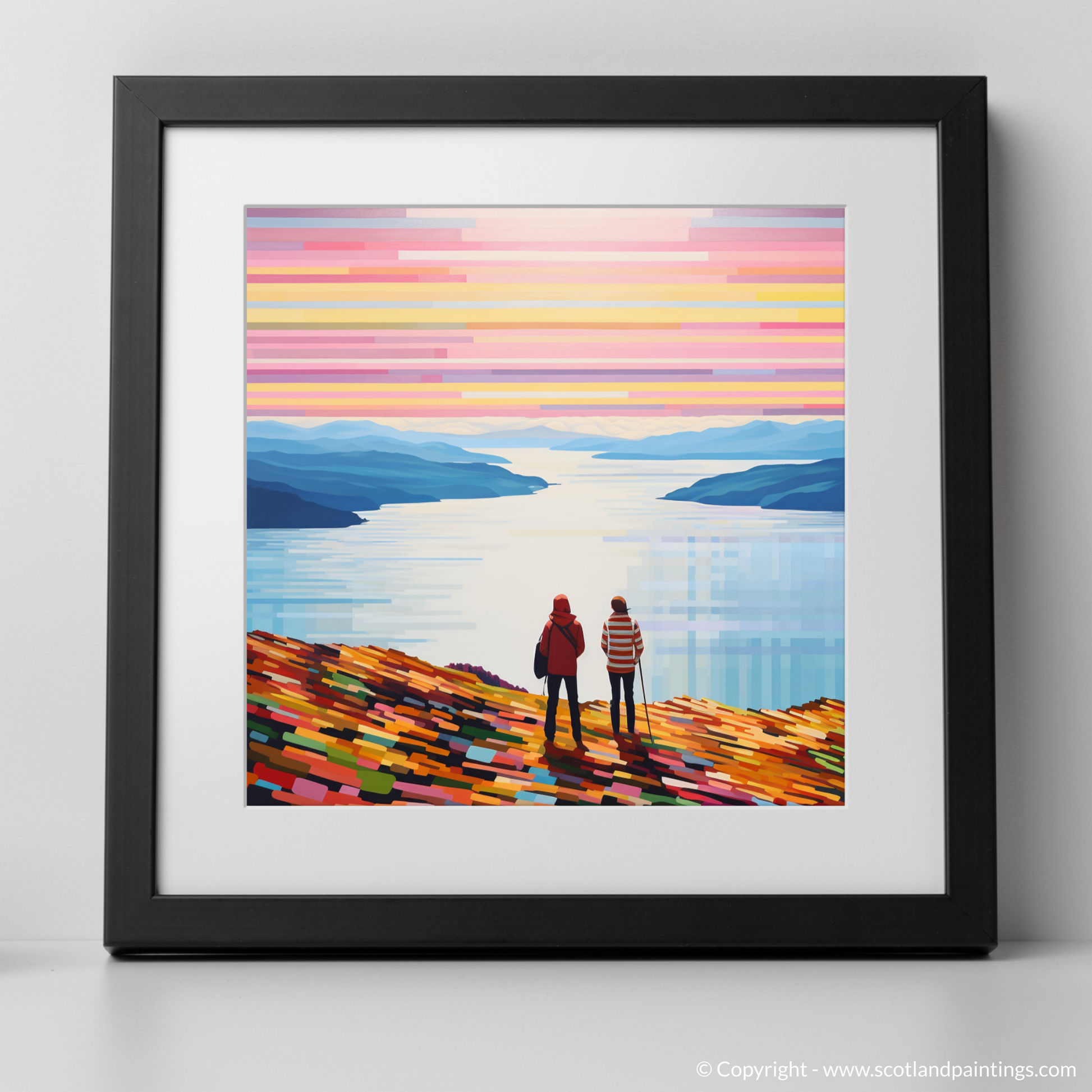 Art Print of Two hikers looking out on Loch Lomond with a black frame