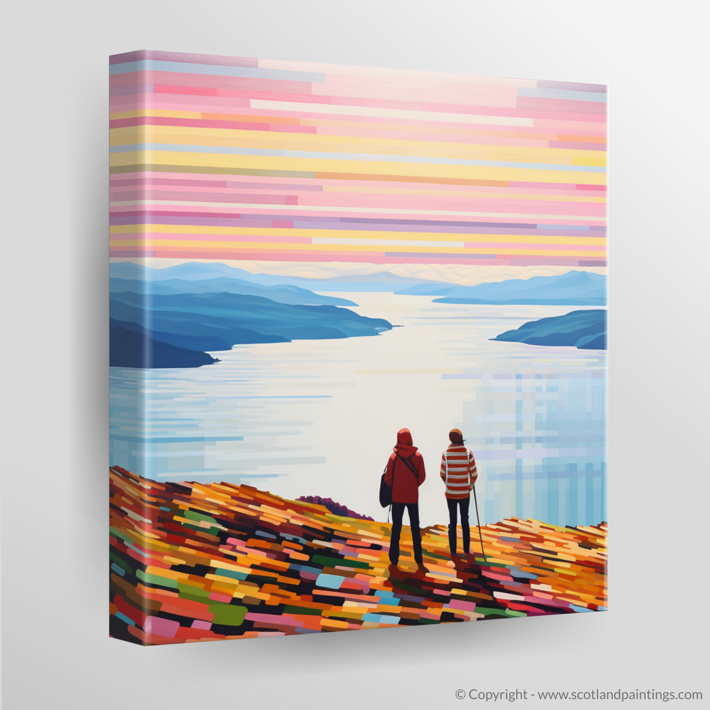 Canvas Print of Two hikers looking out on Loch Lomond