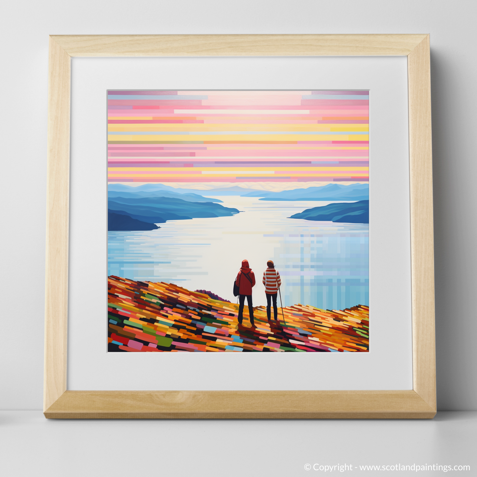 Art Print of Two hikers looking out on Loch Lomond with a natural frame