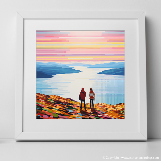 Art Print of Two hikers looking out on Loch Lomond with a white frame