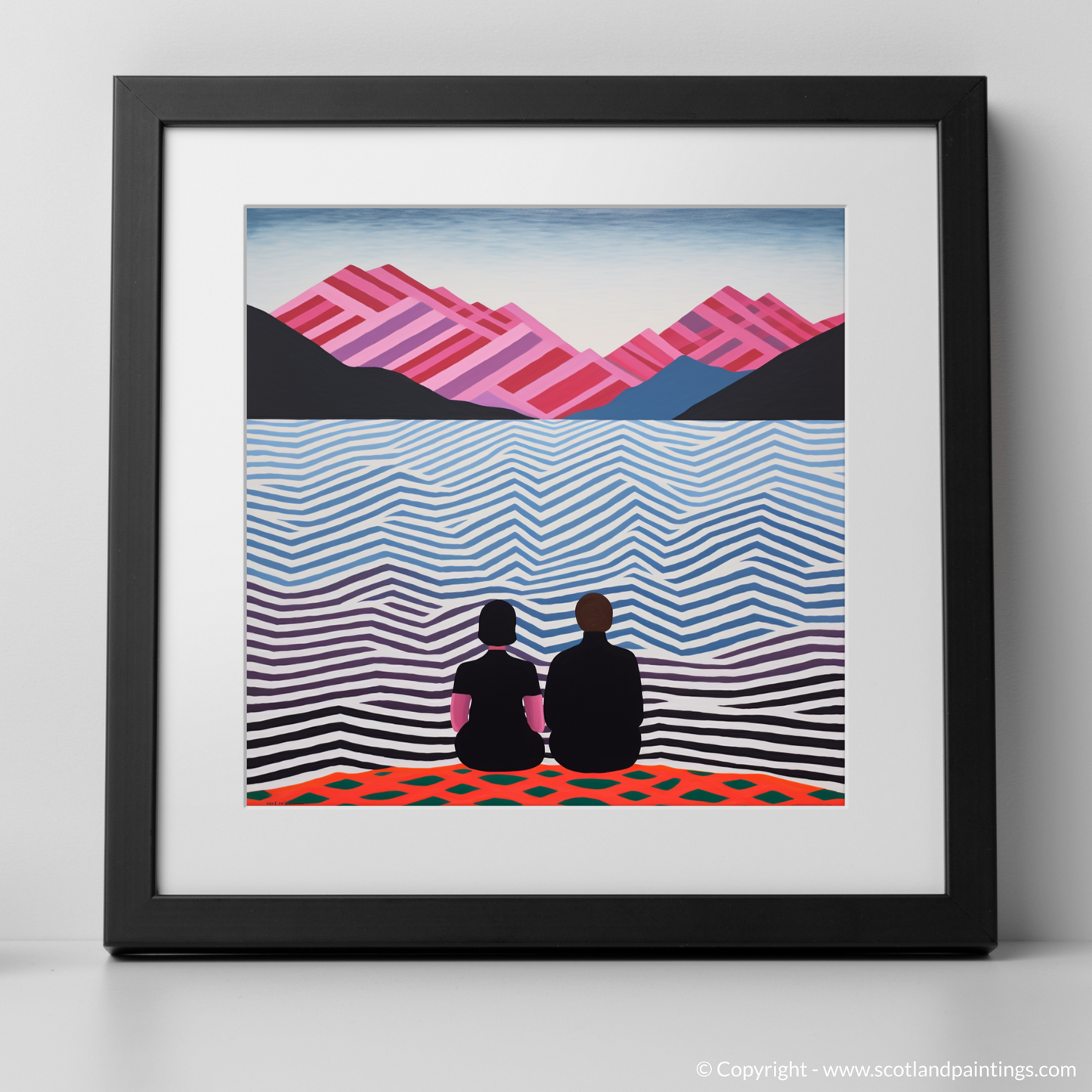 Art Print of Two hikers looking out on Loch Lomond with a black frame