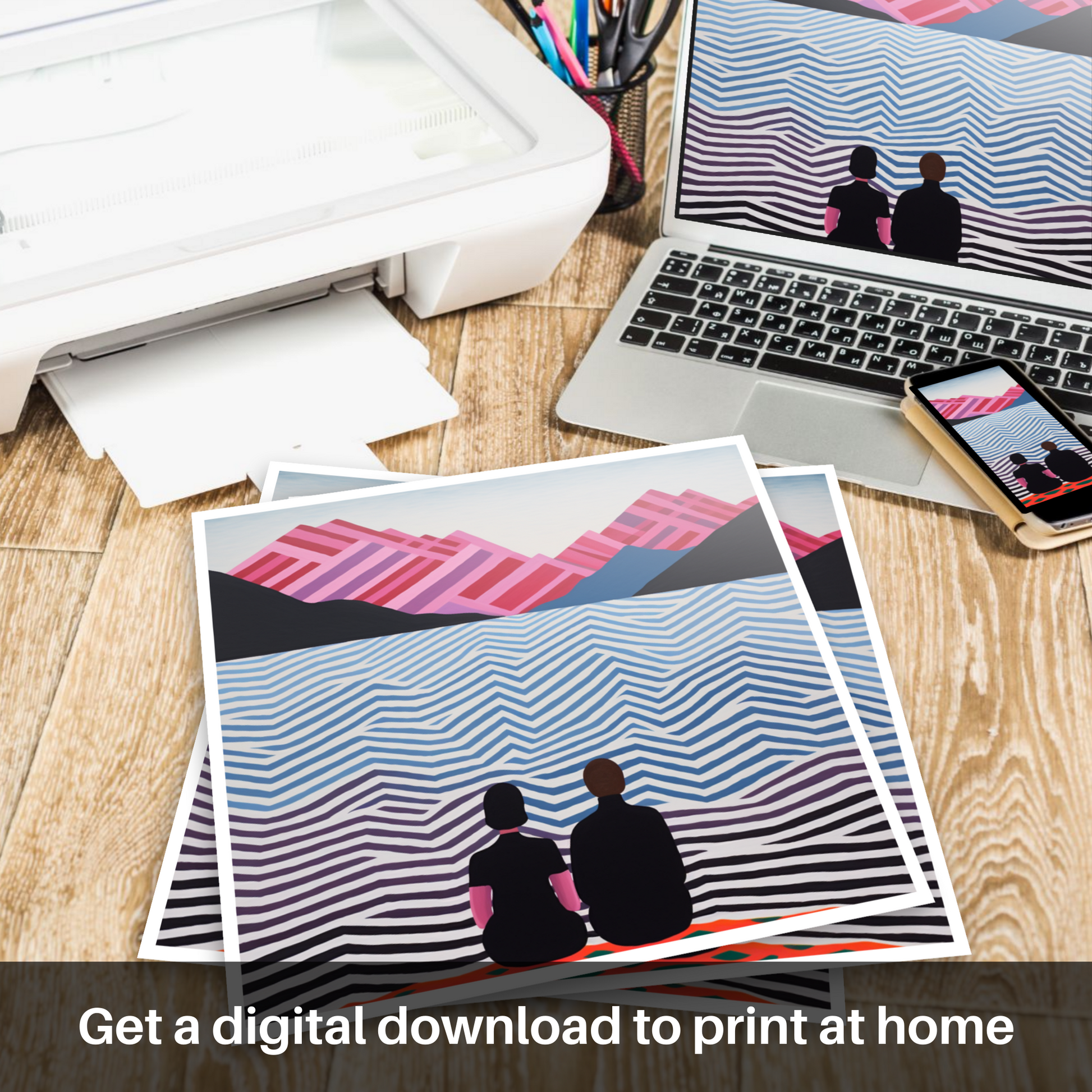 Downloadable and printable picture of Two hikers looking out on Loch Lomond