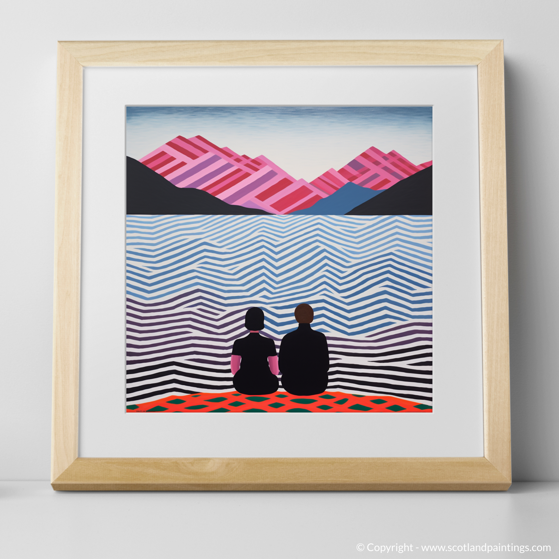 Art Print of Two hikers looking out on Loch Lomond with a natural frame