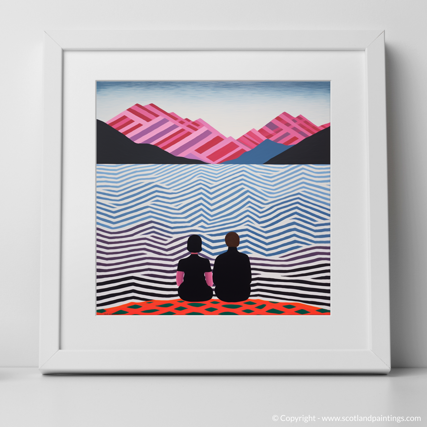 Art Print of Two hikers looking out on Loch Lomond with a white frame