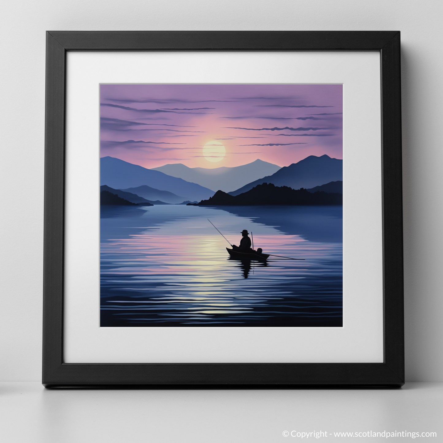 Art Print of Silhouetted fisherman on Loch Lomond with a black frame