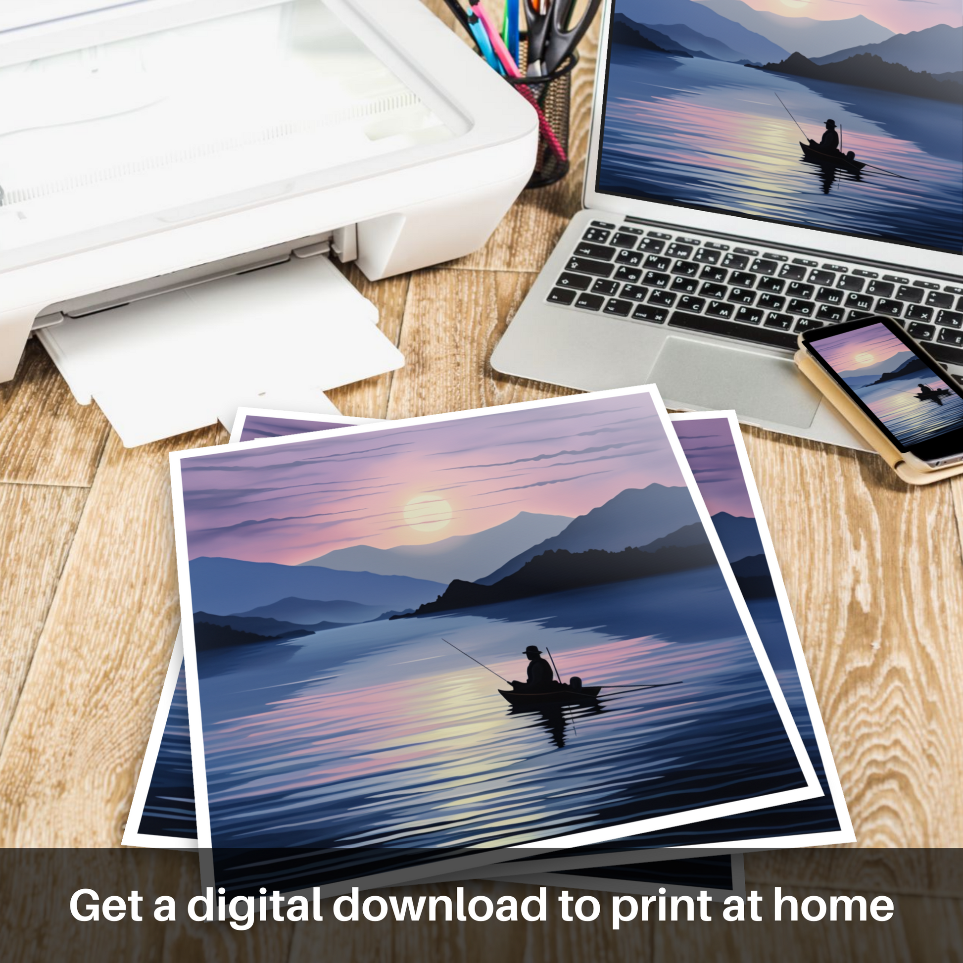 Downloadable and printable picture of Silhouetted fisherman on Loch Lomond