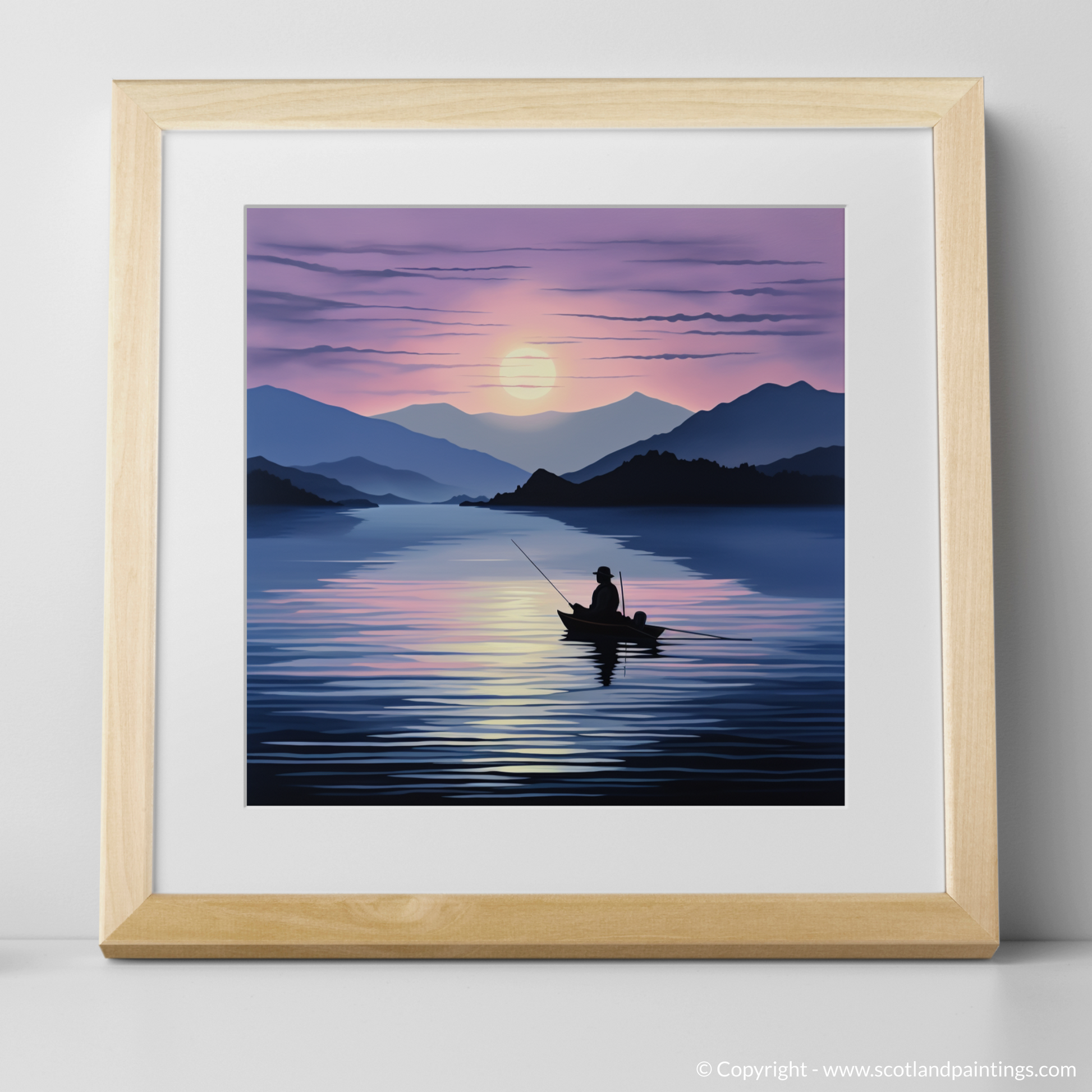 Art Print of Silhouetted fisherman on Loch Lomond with a natural frame