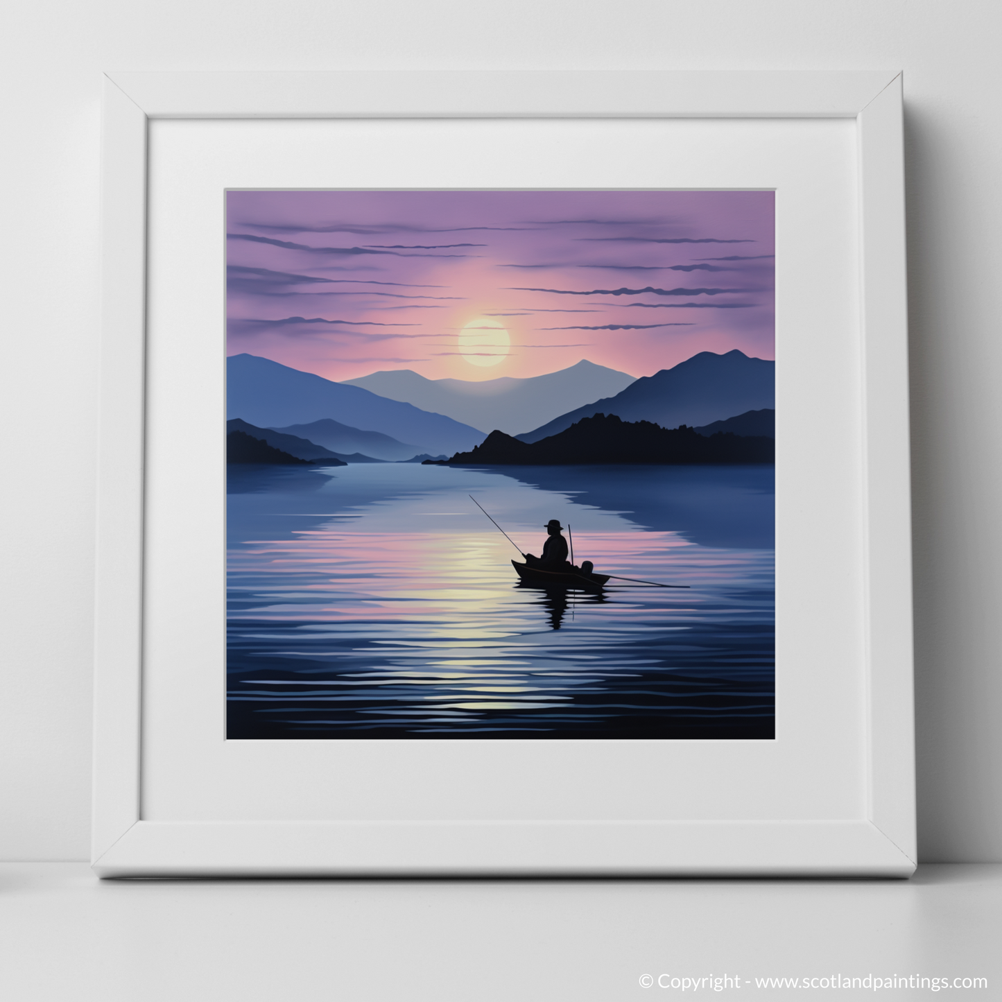 Art Print of Silhouetted fisherman on Loch Lomond with a white frame