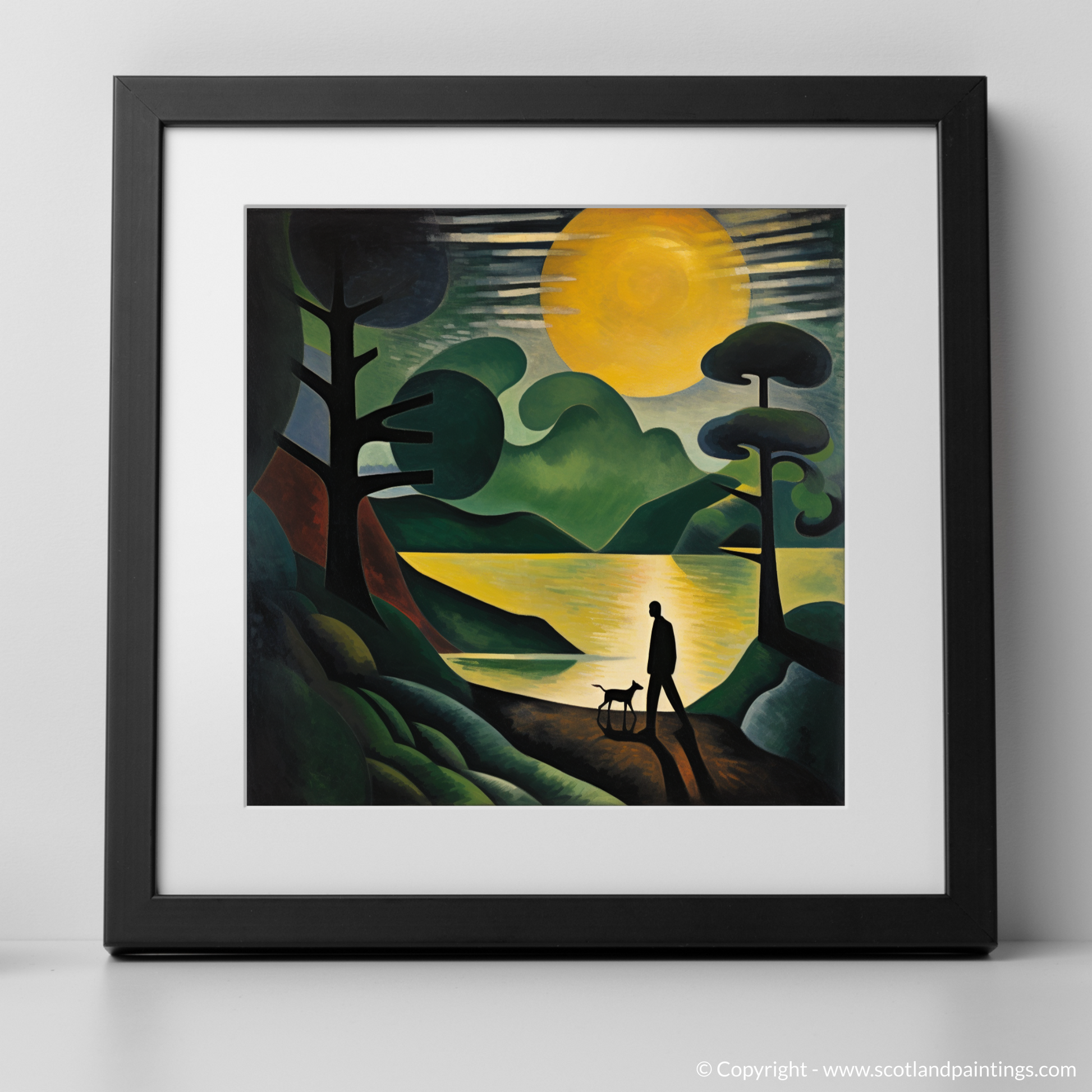 Art Print of A man walking dog at the side of Loch Lomond with a black frame