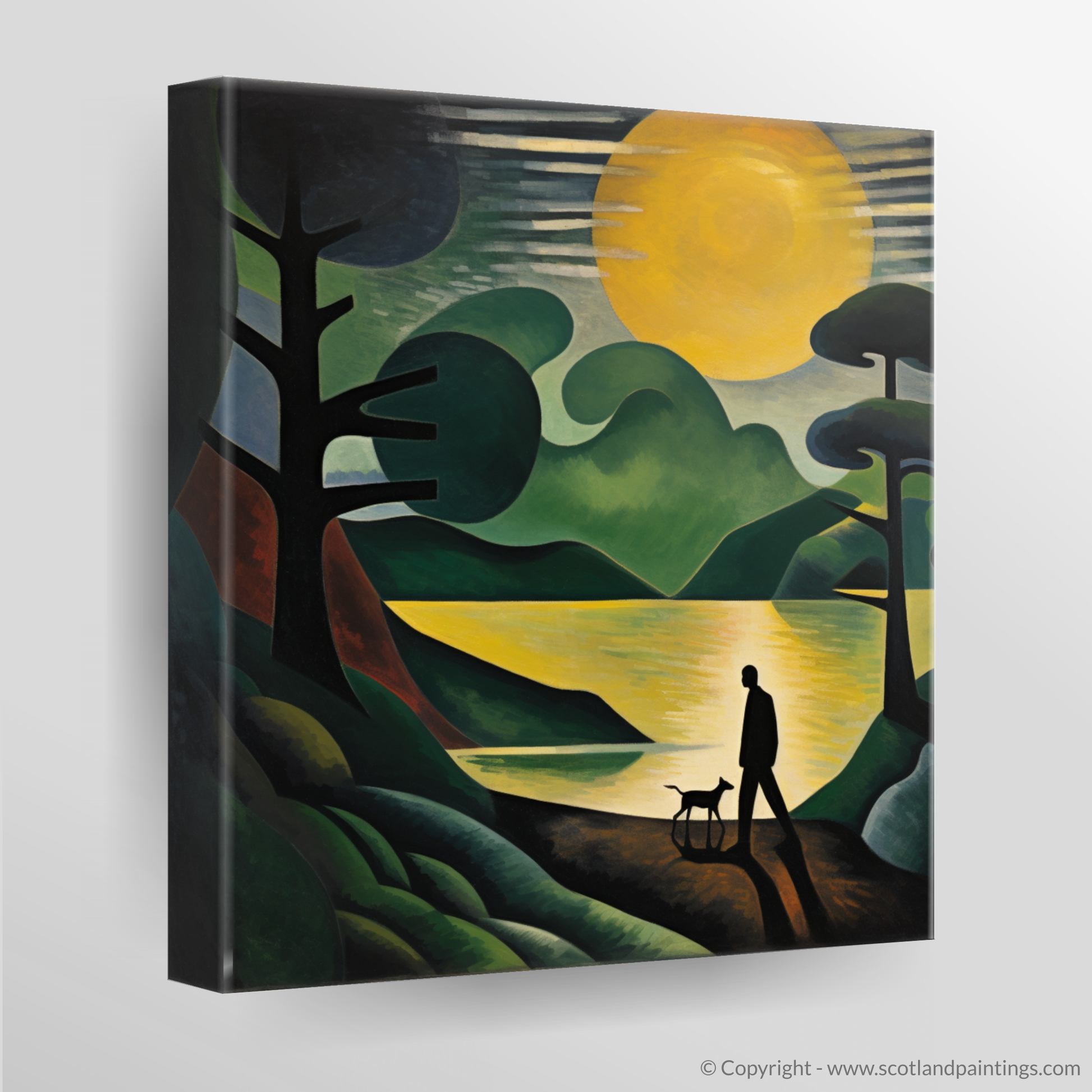 Canvas Print of A man walking dog at the side of Loch Lomond