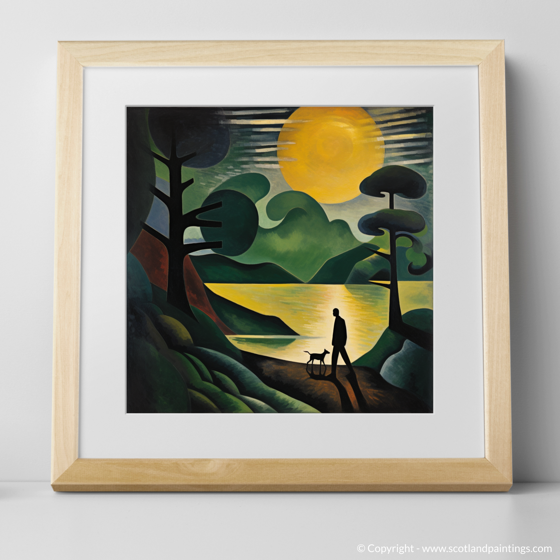 Art Print of A man walking dog at the side of Loch Lomond with a natural frame