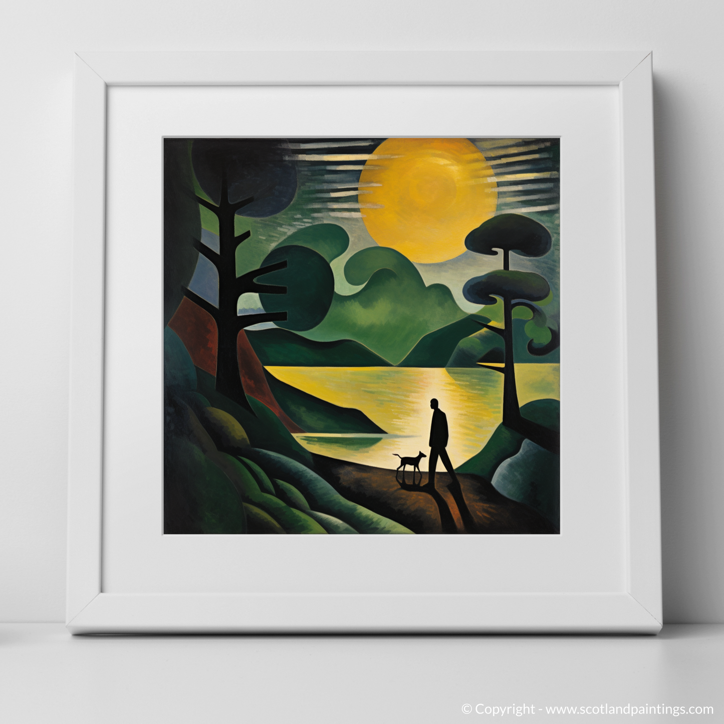 Art Print of A man walking dog at the side of Loch Lomond with a white frame