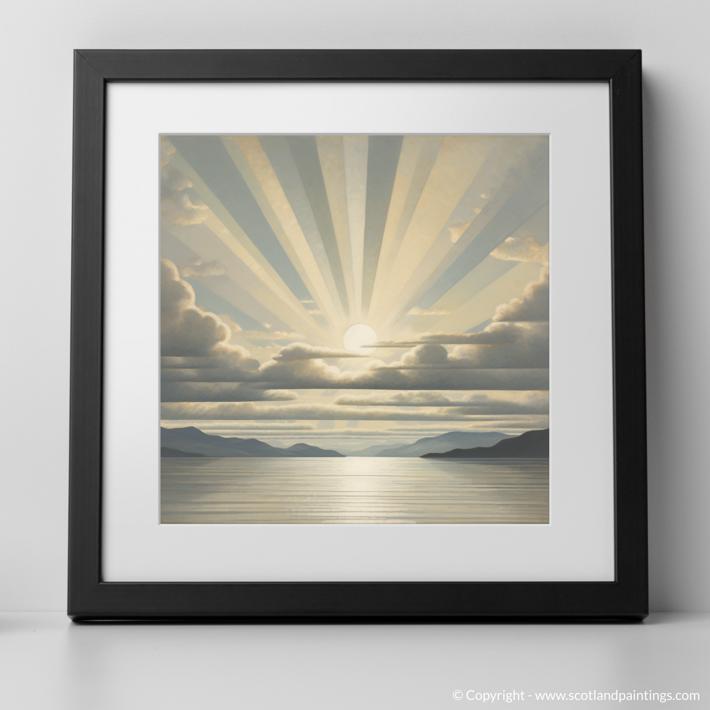 Art Print of Sun rays through clouds above Loch Lomond with a black frame