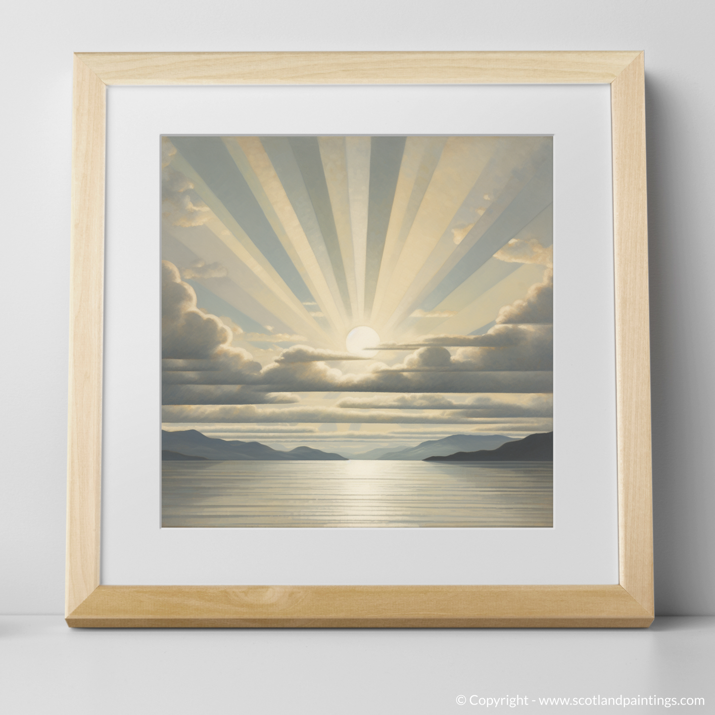 Art Print of Sun rays through clouds above Loch Lomond with a natural frame
