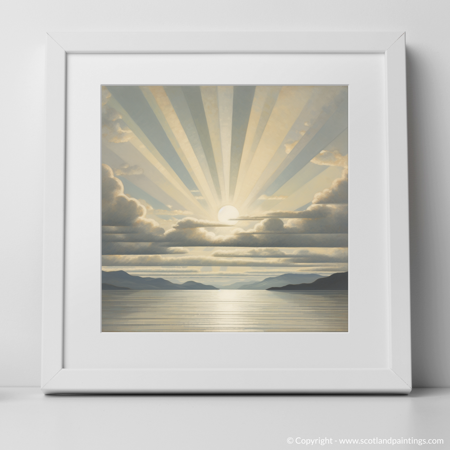 Art Print of Sun rays through clouds above Loch Lomond with a white frame