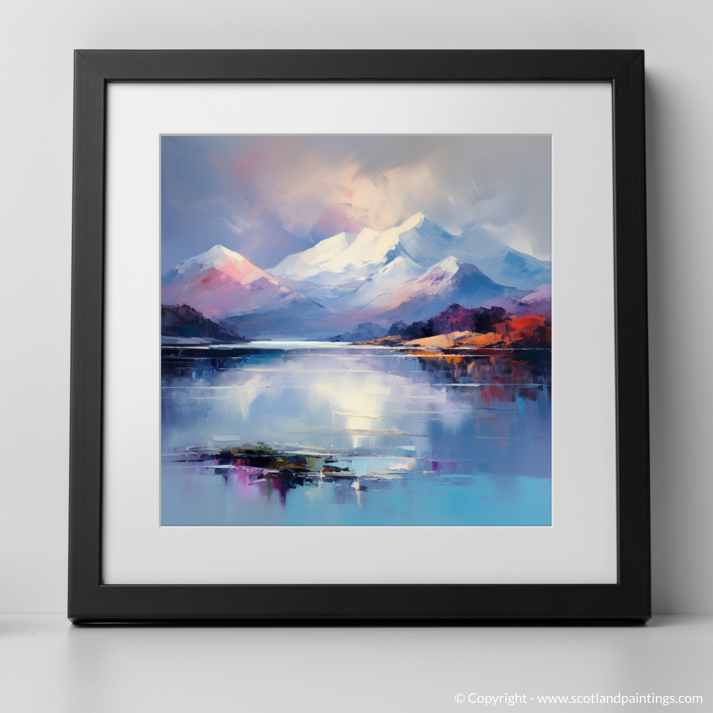 Art Print of Snow-capped peaks overlooking Loch Lomond with a black frame