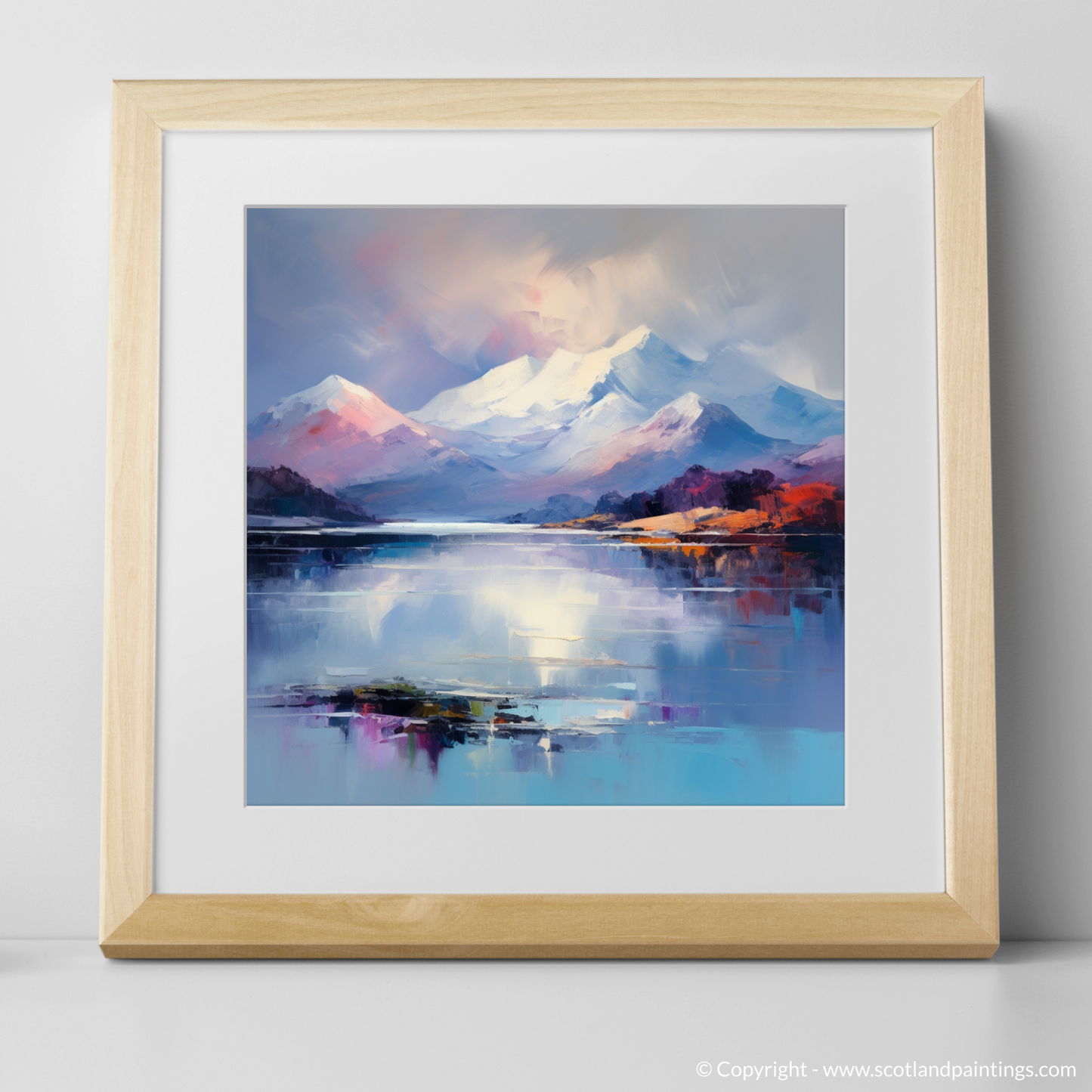 Art Print of Snow-capped peaks overlooking Loch Lomond with a natural frame