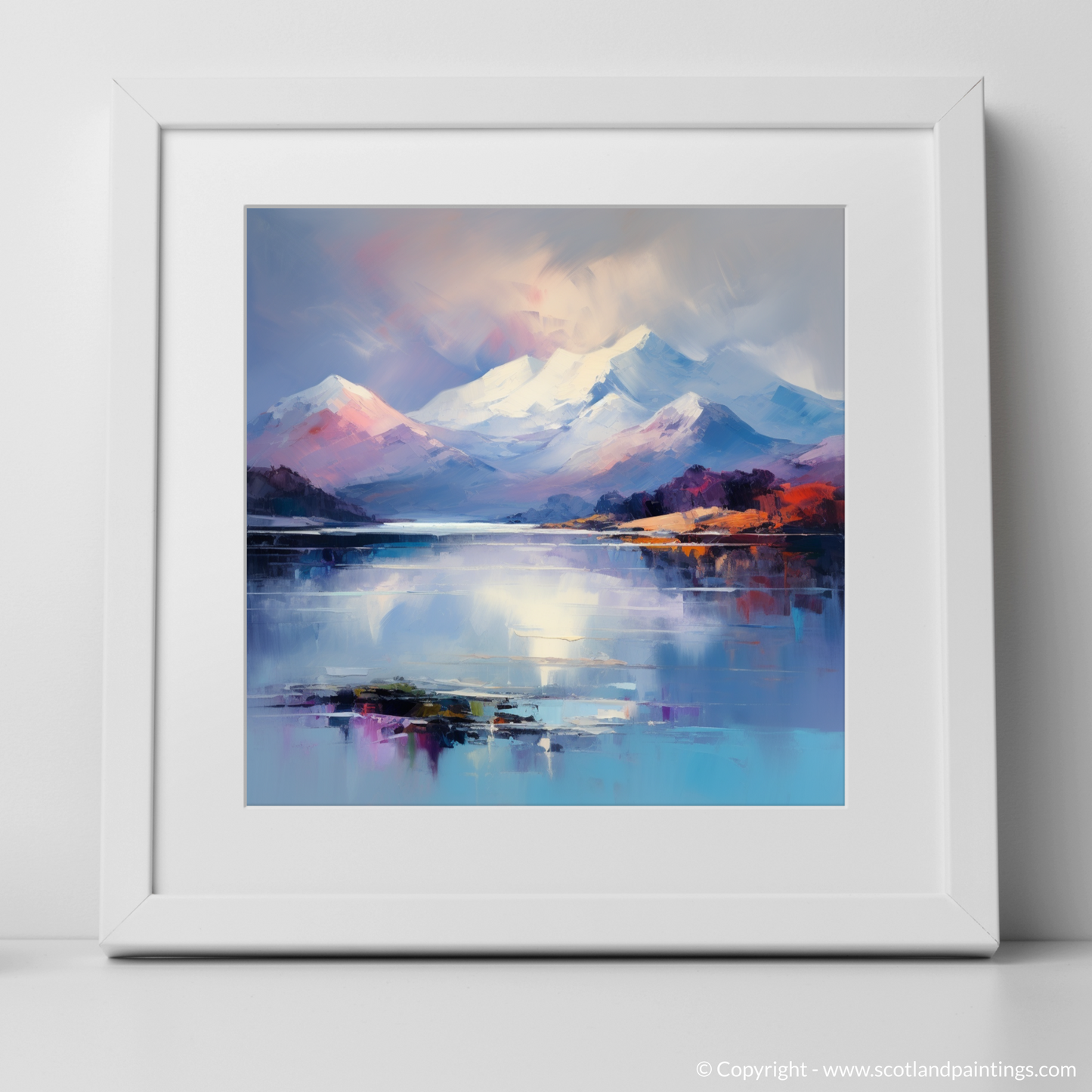 Art Print of Snow-capped peaks overlooking Loch Lomond with a white frame