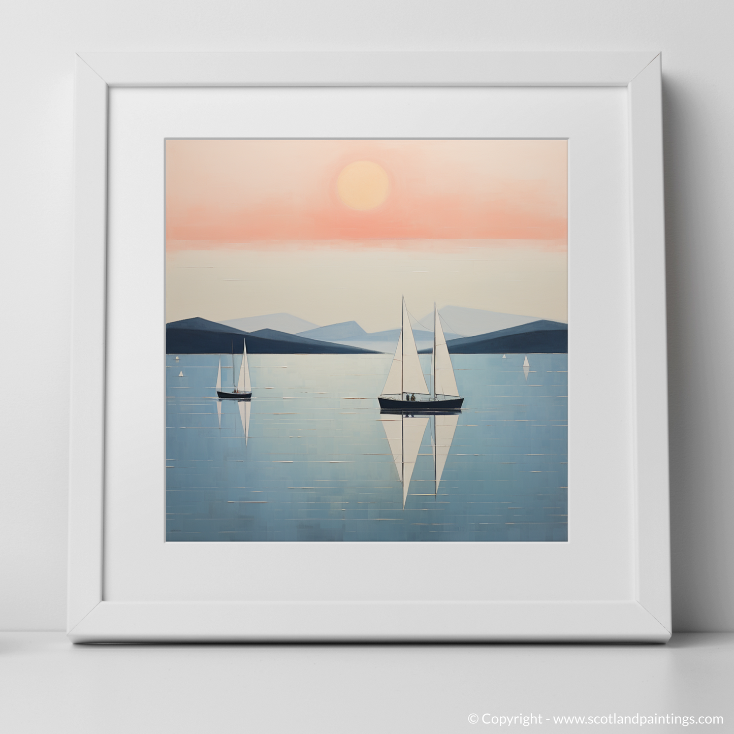 Art Print of Sailing boats on Loch Lomond at sunset with a white frame