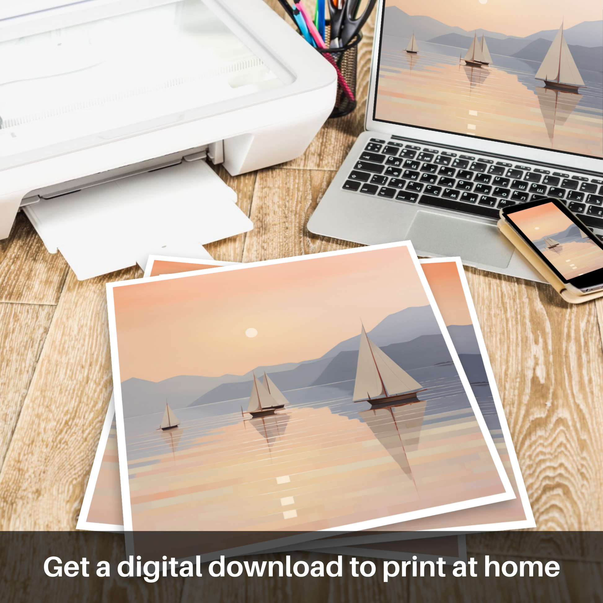 Downloadable and printable picture of Sailing boats on Loch Lomond at sunset