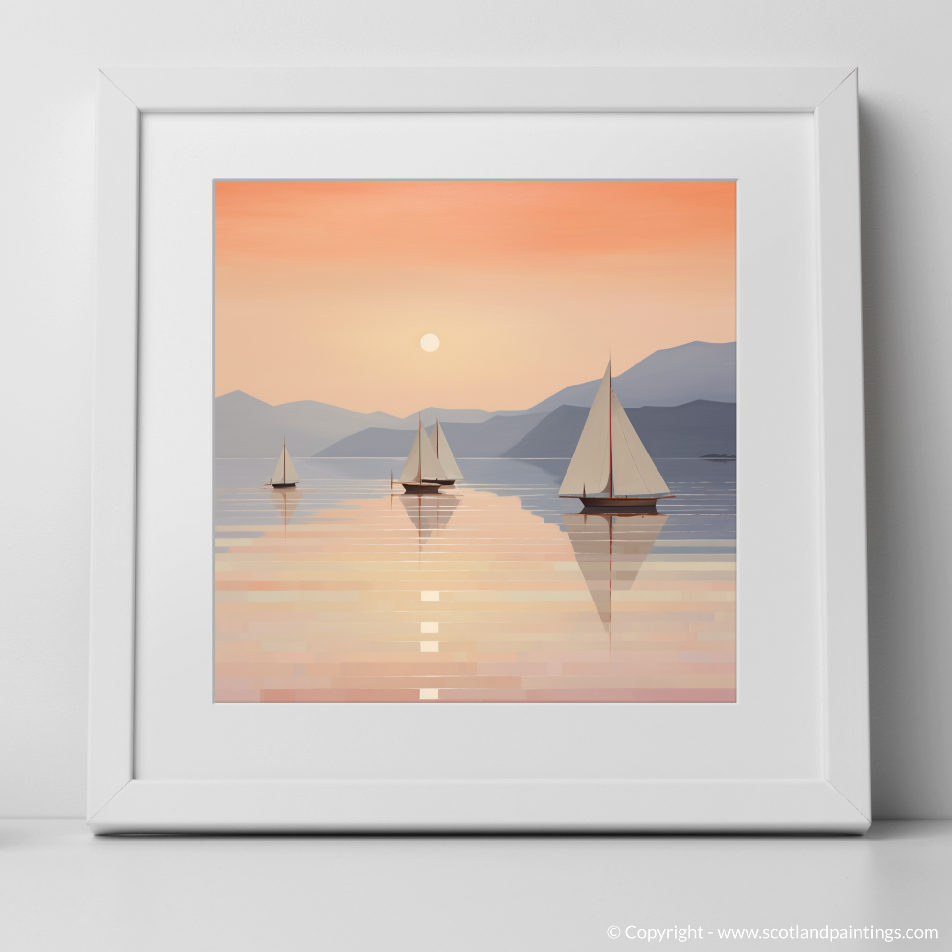 Art Print of Sailing boats on Loch Lomond at sunset with a white frame