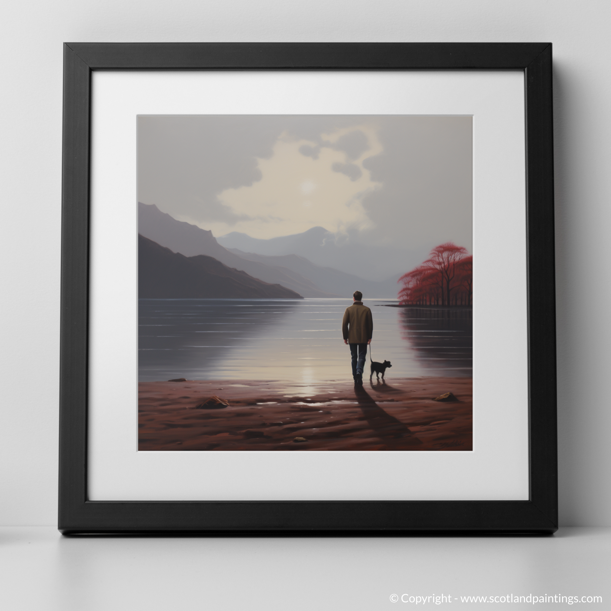 Art Print of A man walking dog at the side of Loch Lomond with a black frame