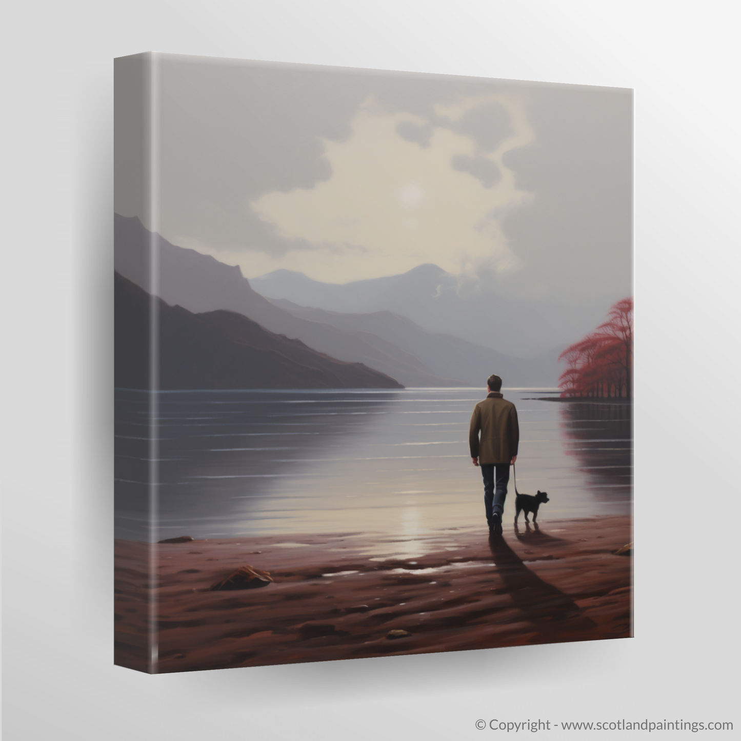 Canvas Print of A man walking dog at the side of Loch Lomond