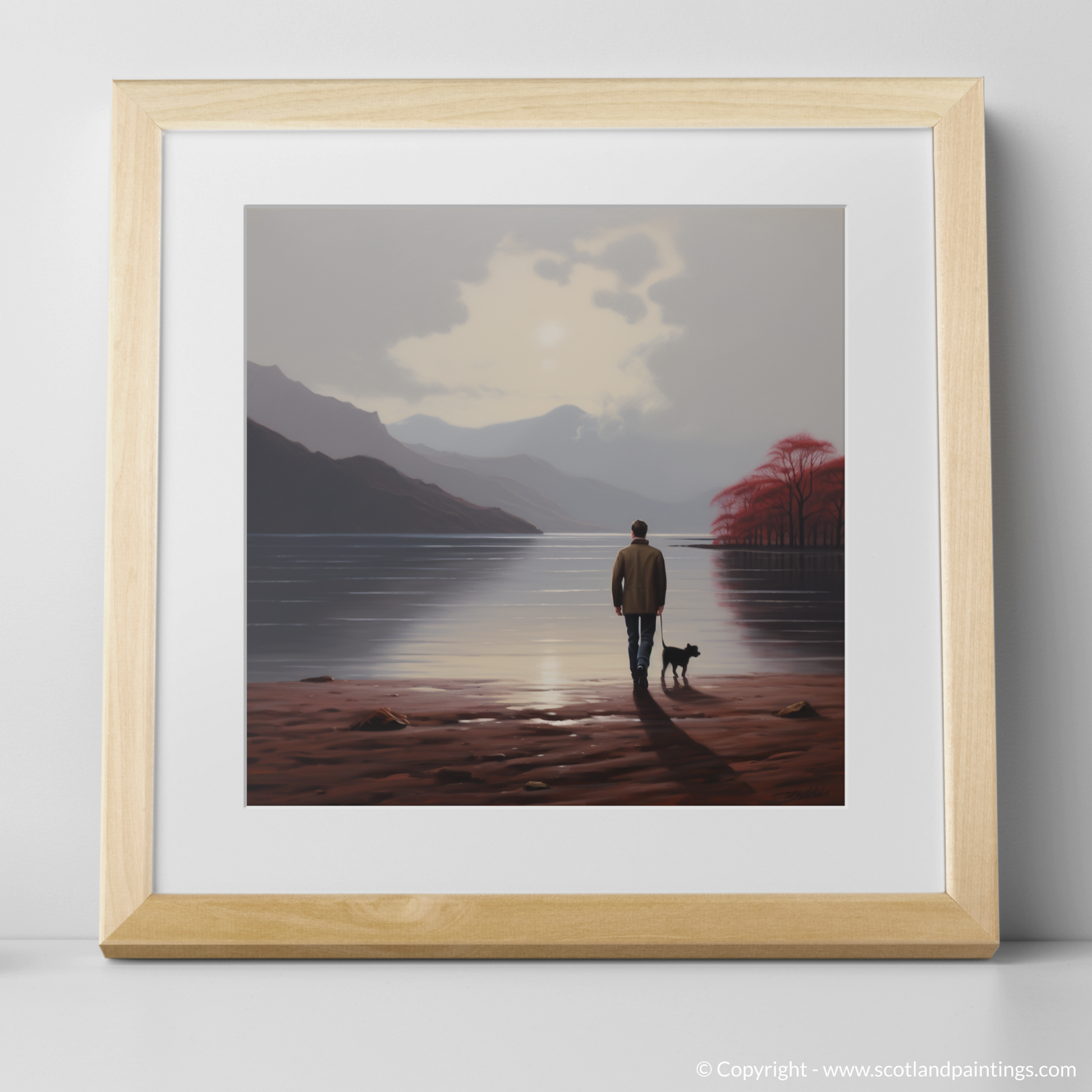 Art Print of A man walking dog at the side of Loch Lomond with a natural frame