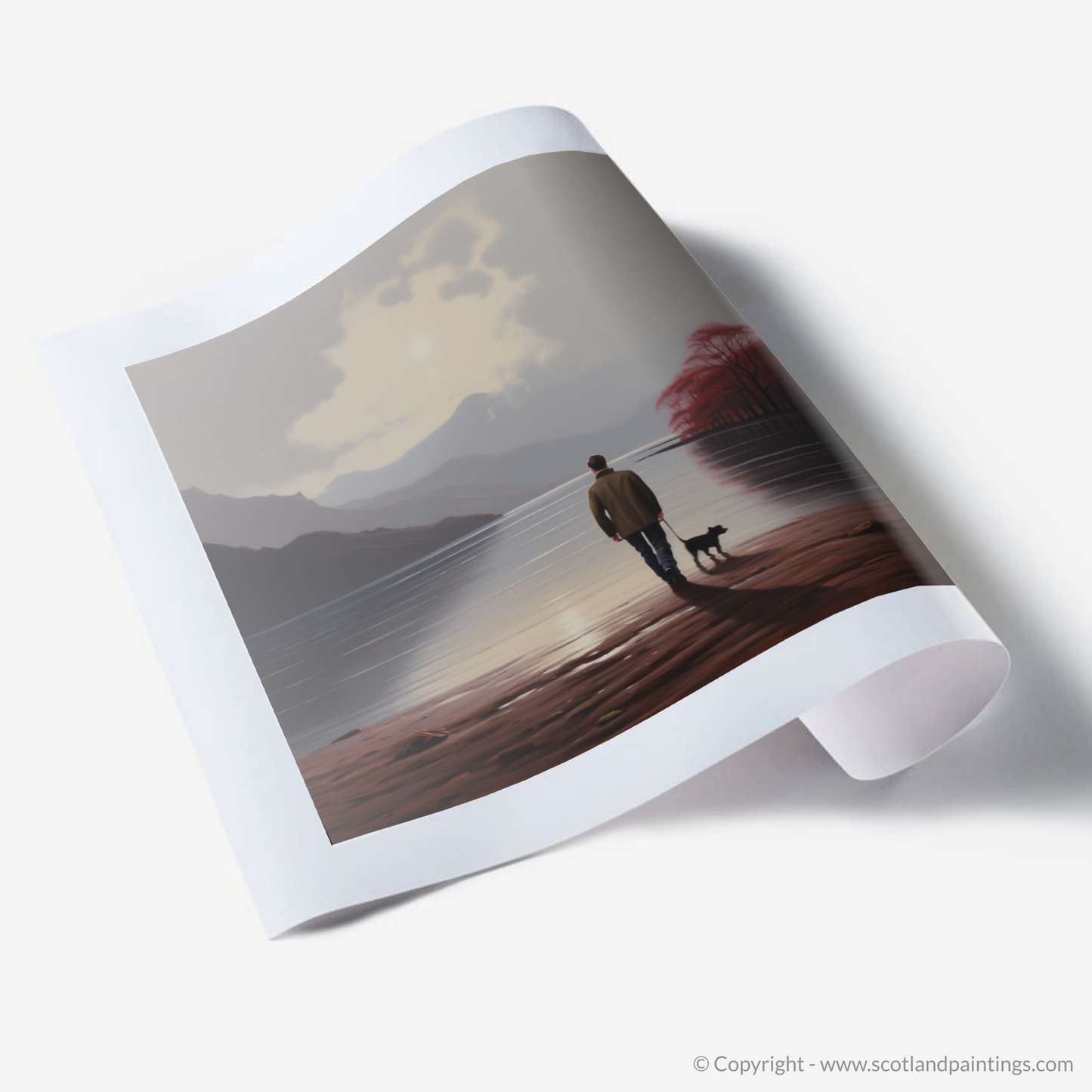 Art Print of A man walking dog at the side of Loch Lomond