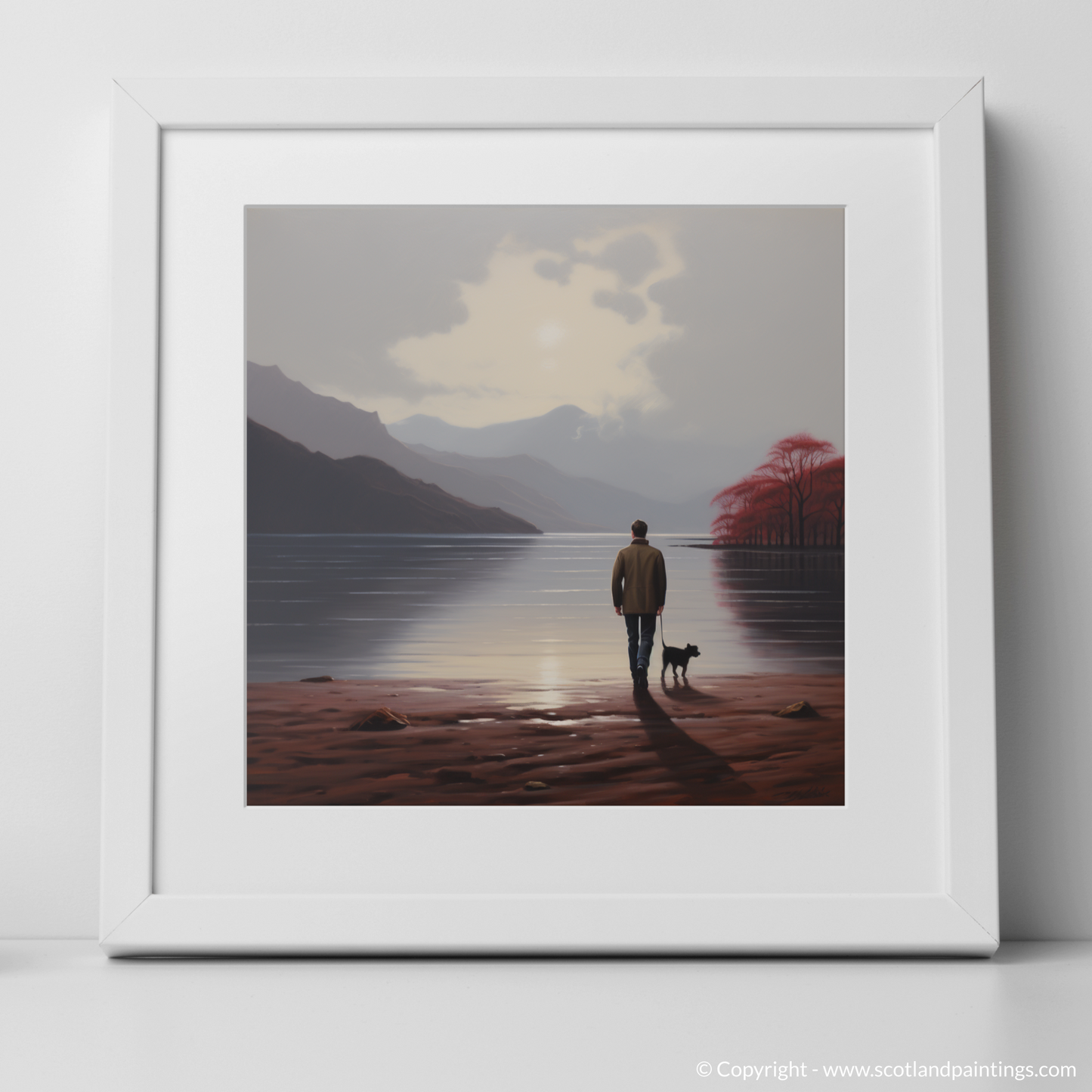 Art Print of A man walking dog at the side of Loch Lomond with a white frame