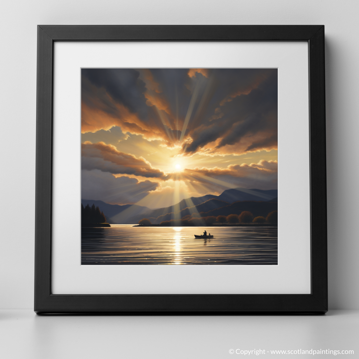 Art Print of Crepuscular rays above Loch Lomond with a black frame