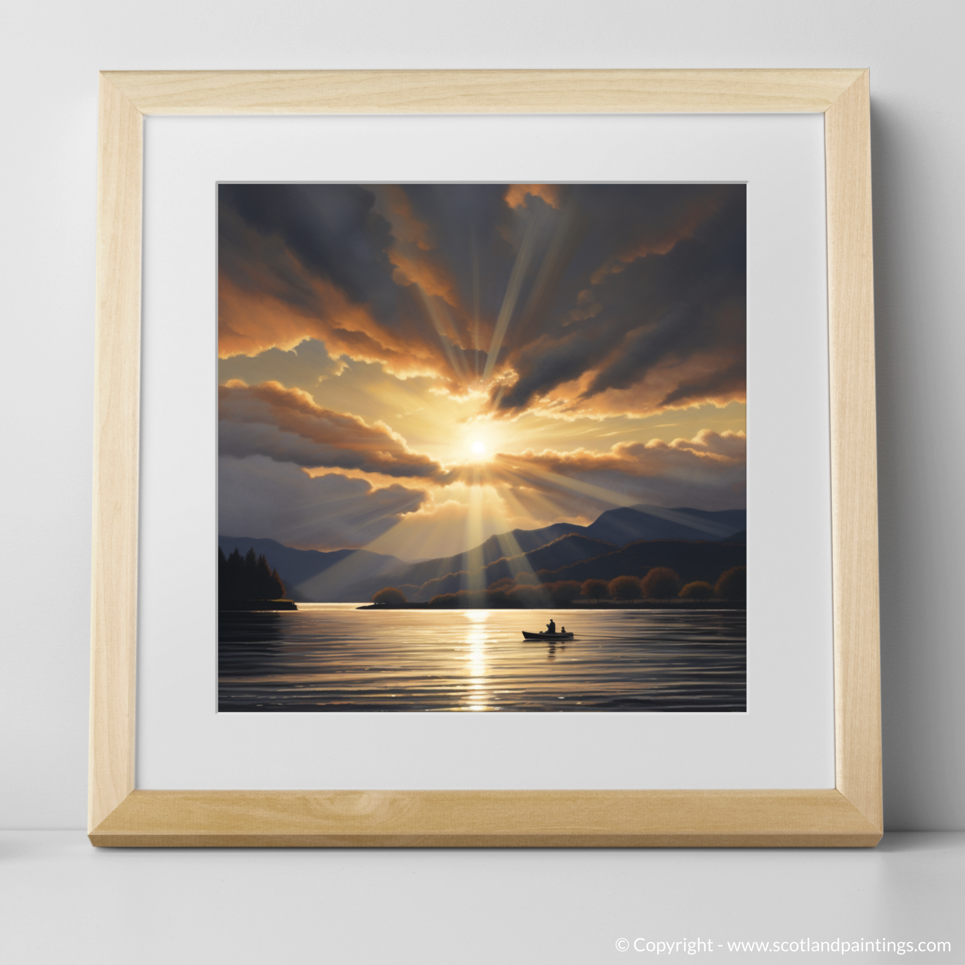 Art Print of Crepuscular rays above Loch Lomond with a natural frame