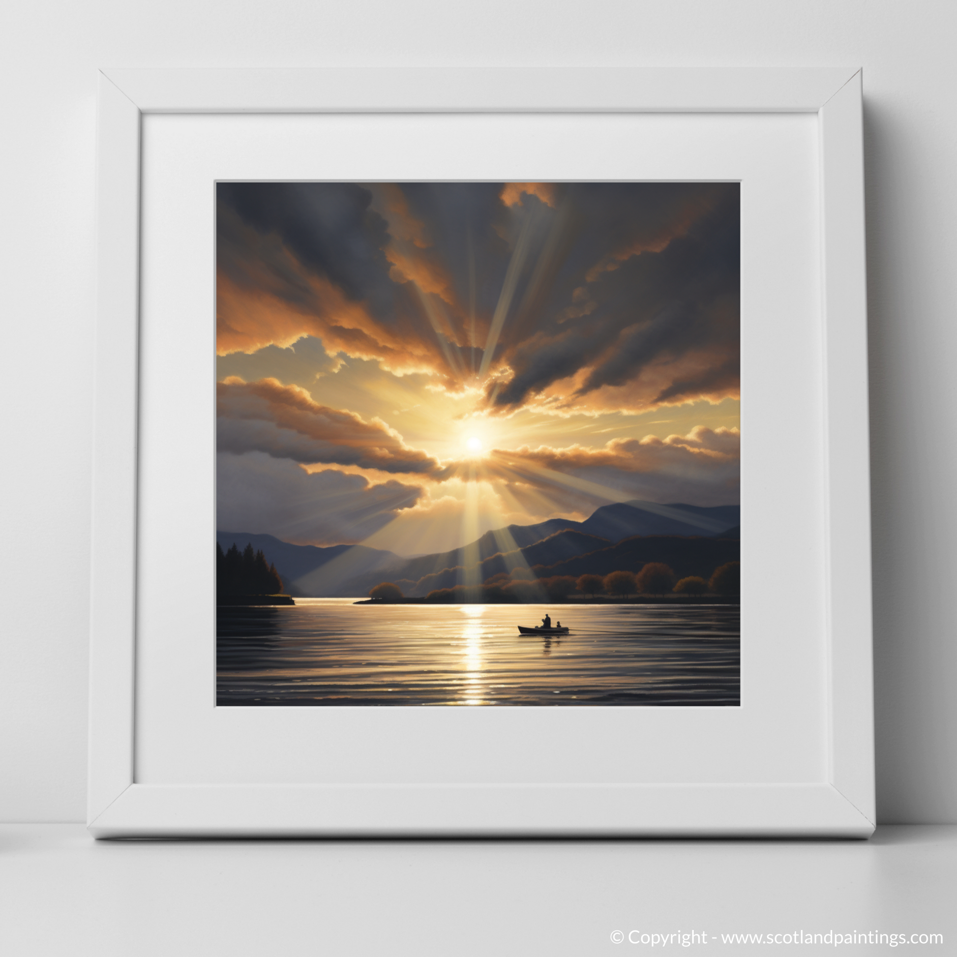 Art Print of Crepuscular rays above Loch Lomond with a white frame