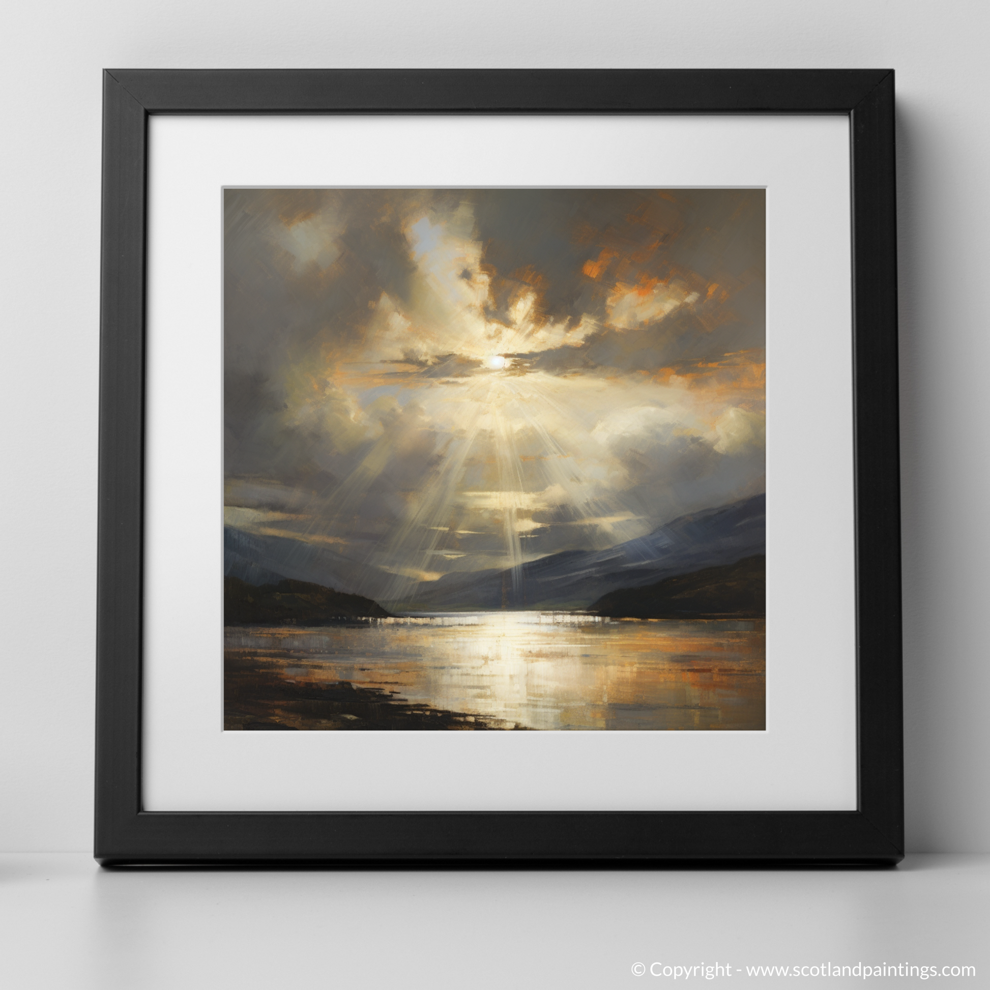 Art Print of Sun rays through clouds above Loch Lomond with a black frame