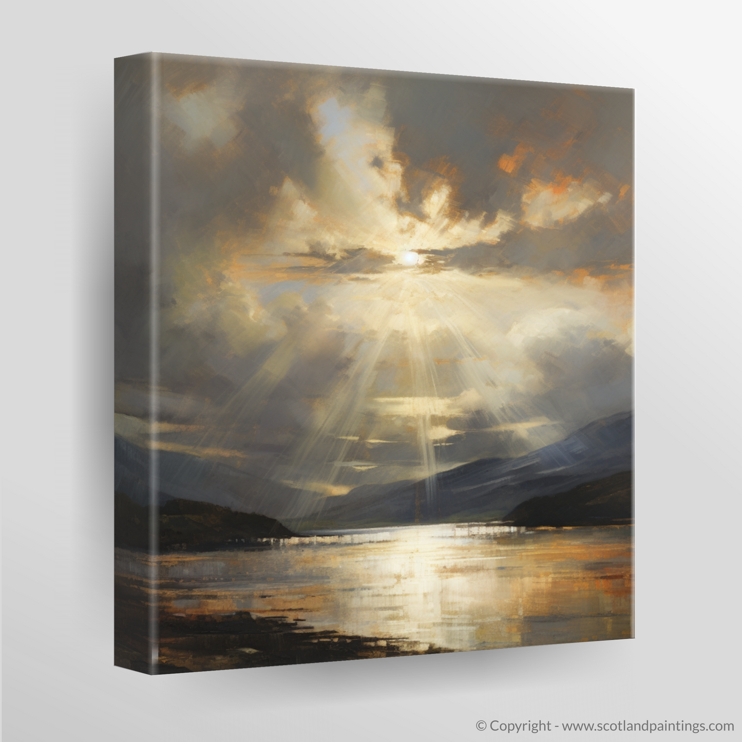 Canvas Print of Sun rays through clouds above Loch Lomond