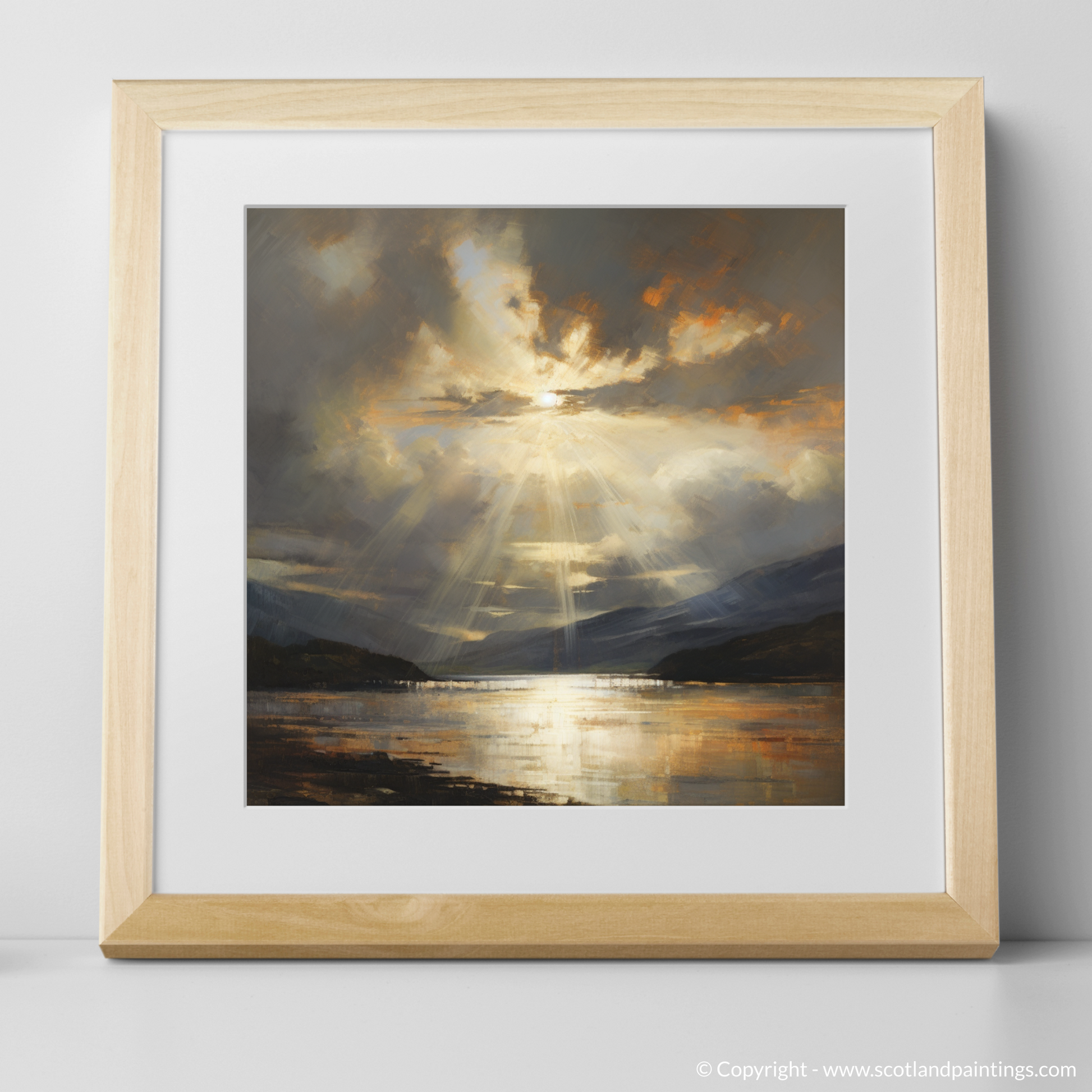 Art Print of Sun rays through clouds above Loch Lomond with a natural frame