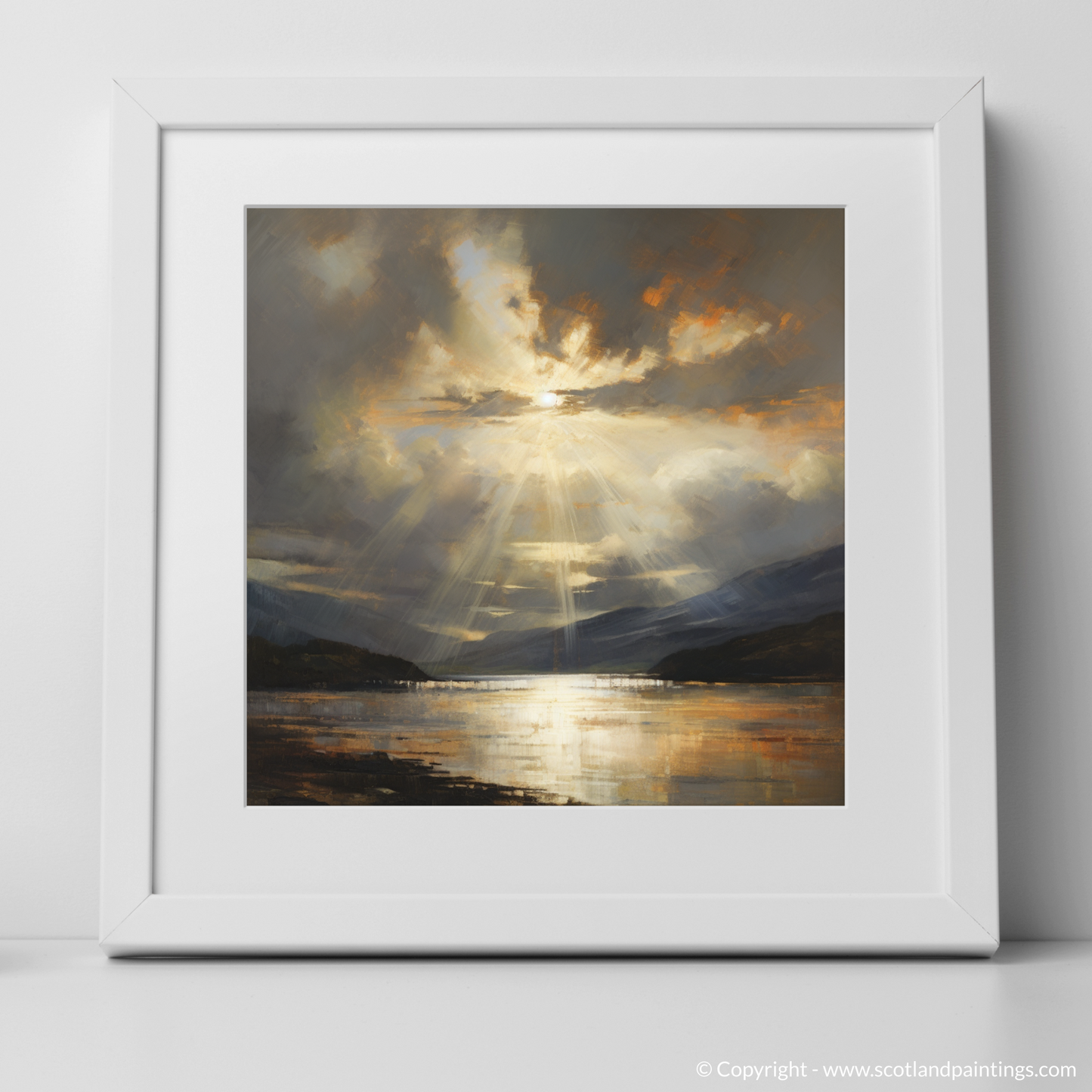 Art Print of Sun rays through clouds above Loch Lomond with a white frame