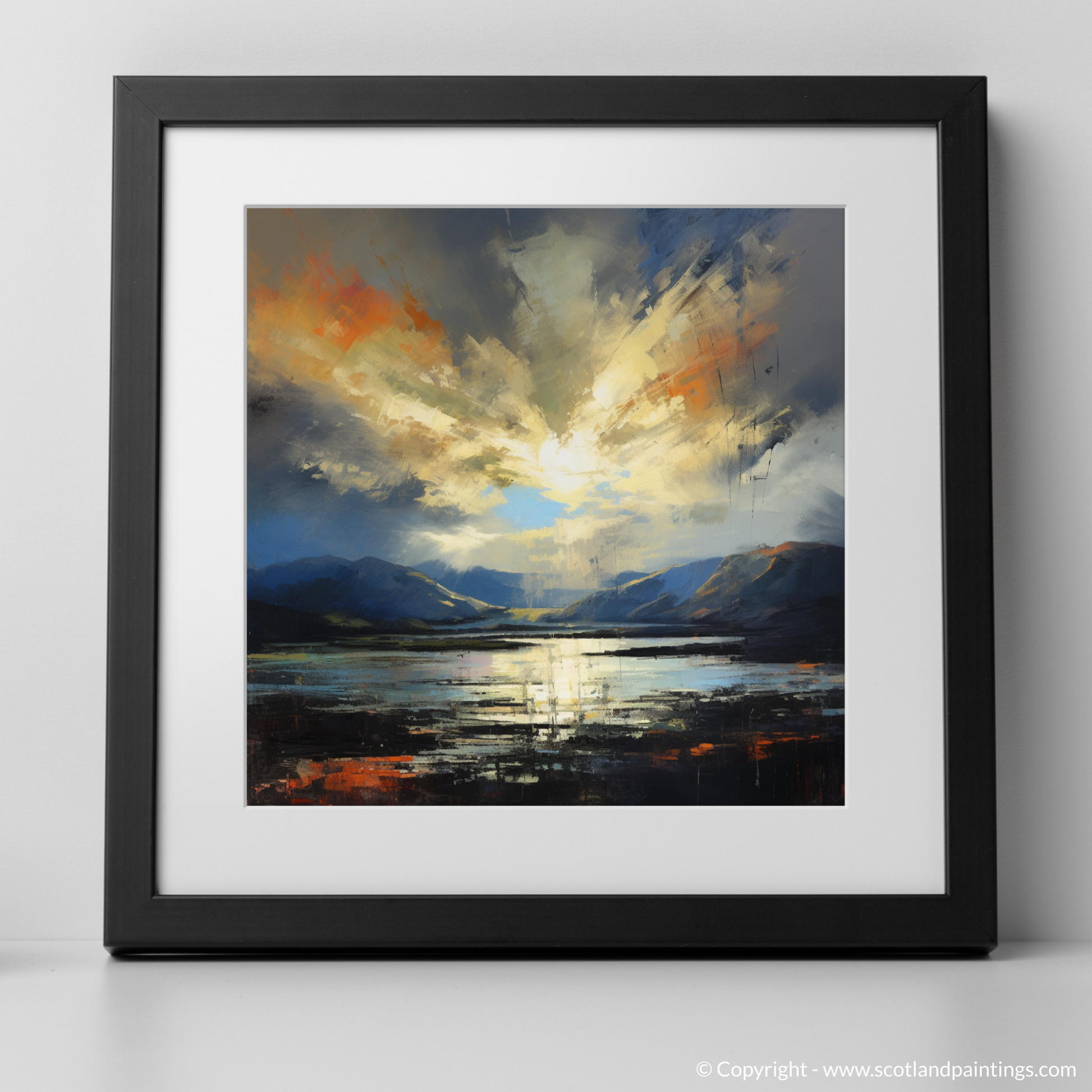 Art Print of Crepuscular rays above Loch Lomond with a black frame