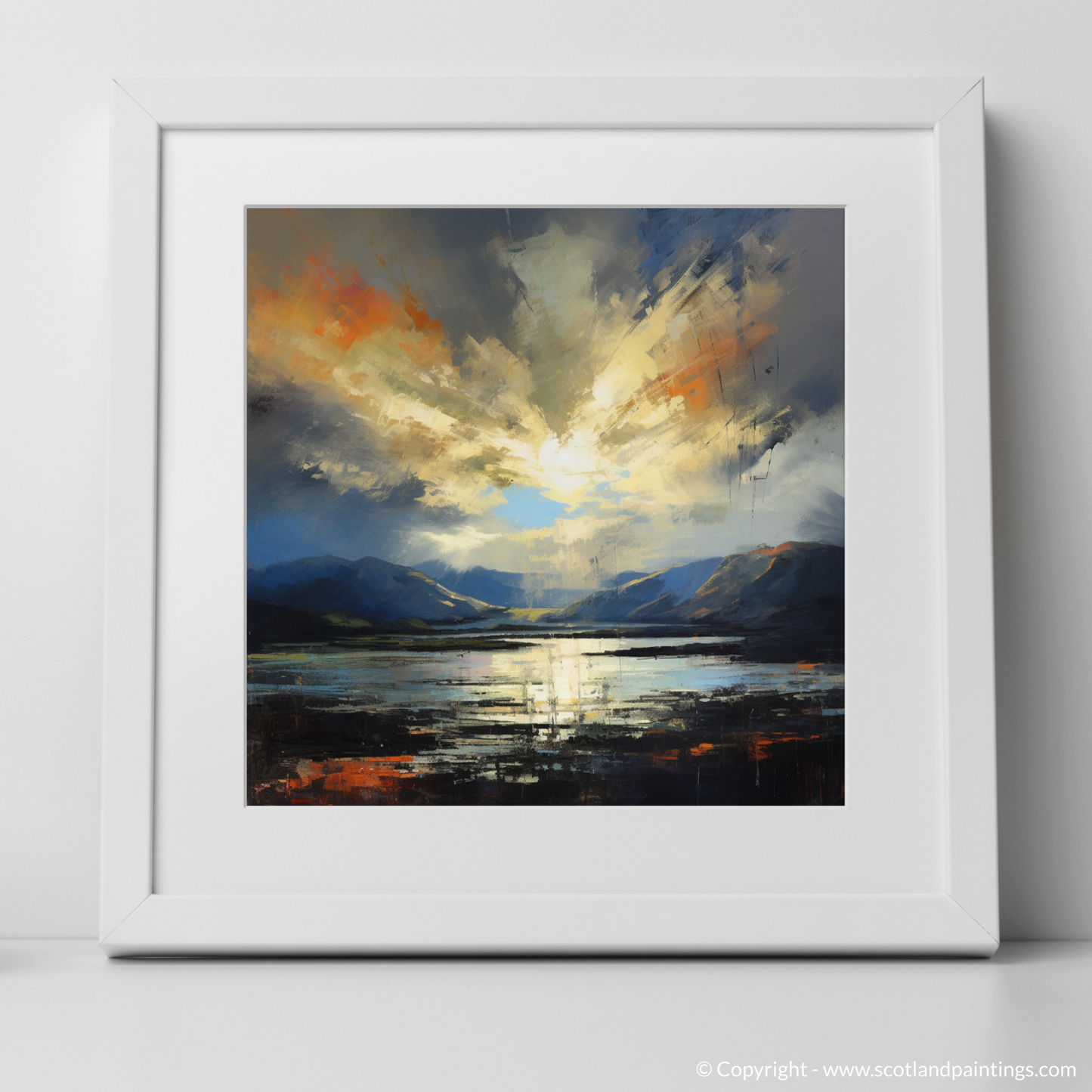 Art Print of Crepuscular rays above Loch Lomond with a white frame