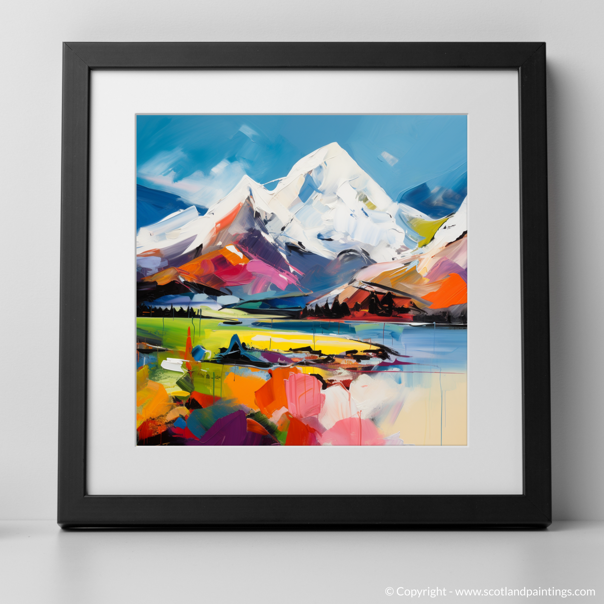 Art Print of Snow-capped peaks overlooking Loch Lomond with a black frame