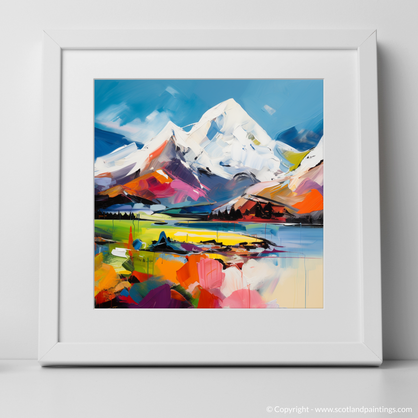 Art Print of Snow-capped peaks overlooking Loch Lomond with a white frame