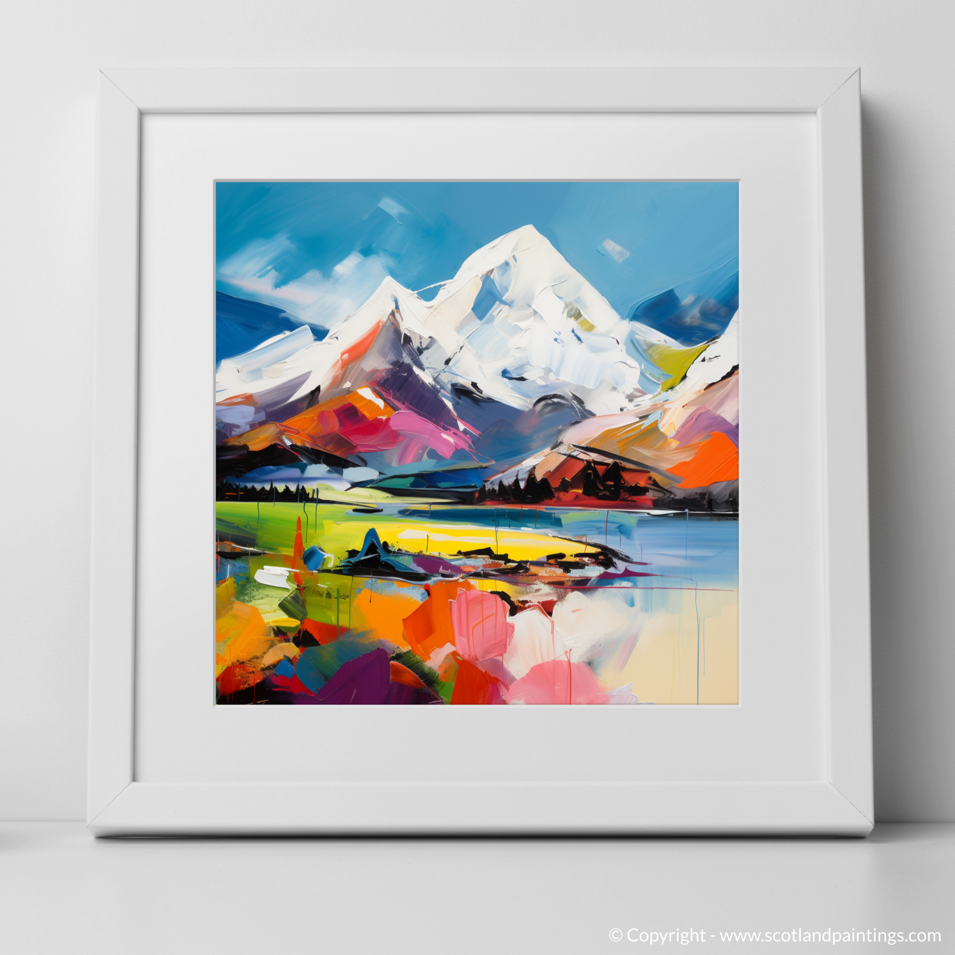 Art Print of Snow-capped peaks overlooking Loch Lomond with a white frame