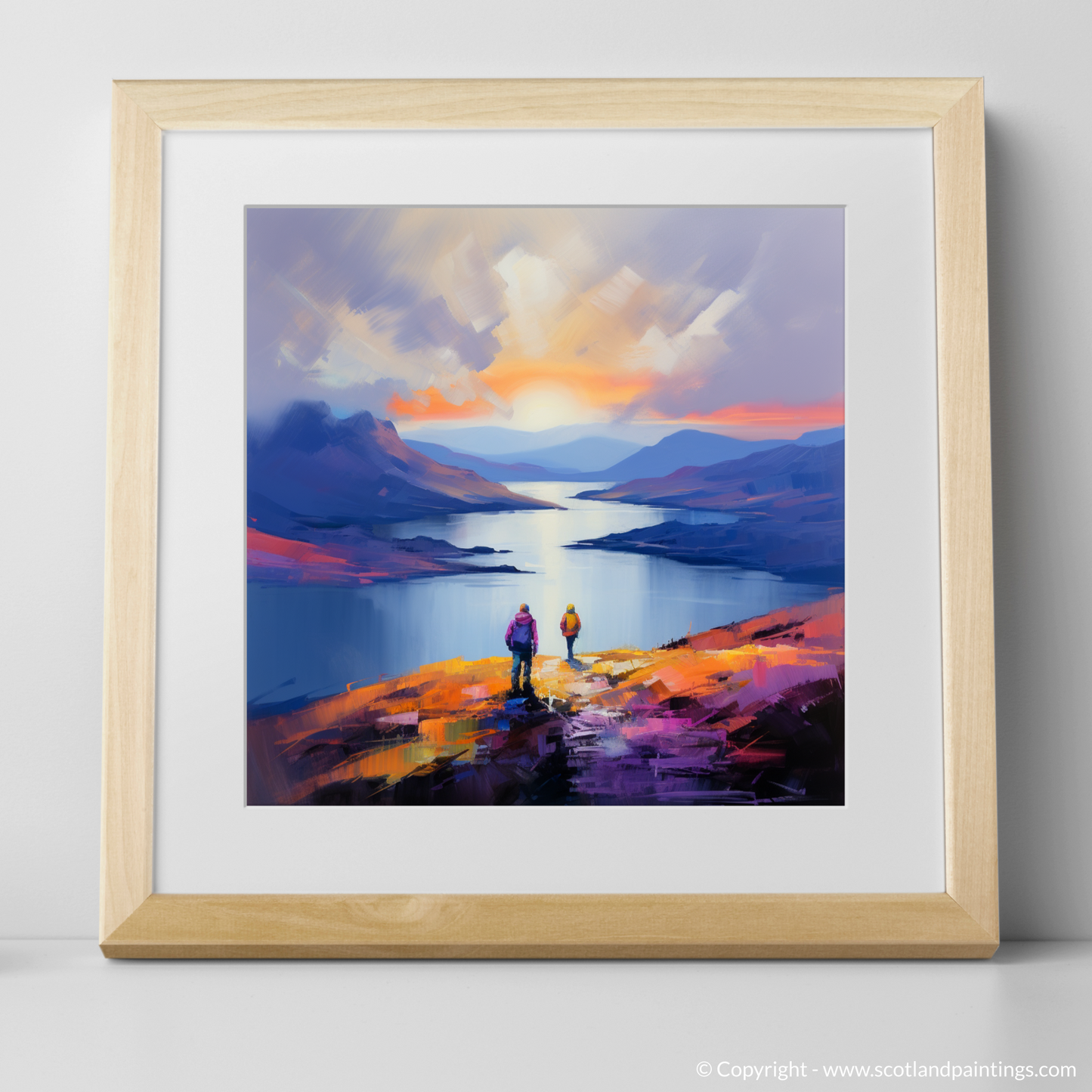 Art Print of Two hikers looking out on Loch Lomond with a natural frame