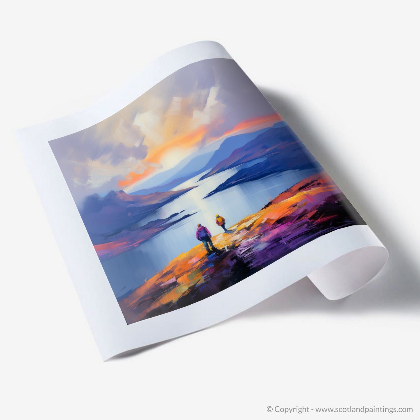 Art Print of Two hikers looking out on Loch Lomond