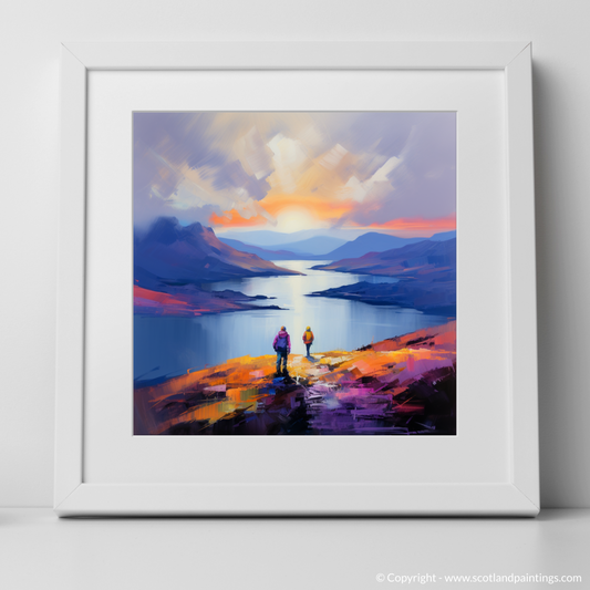 Art Print of Two hikers looking out on Loch Lomond with a white frame