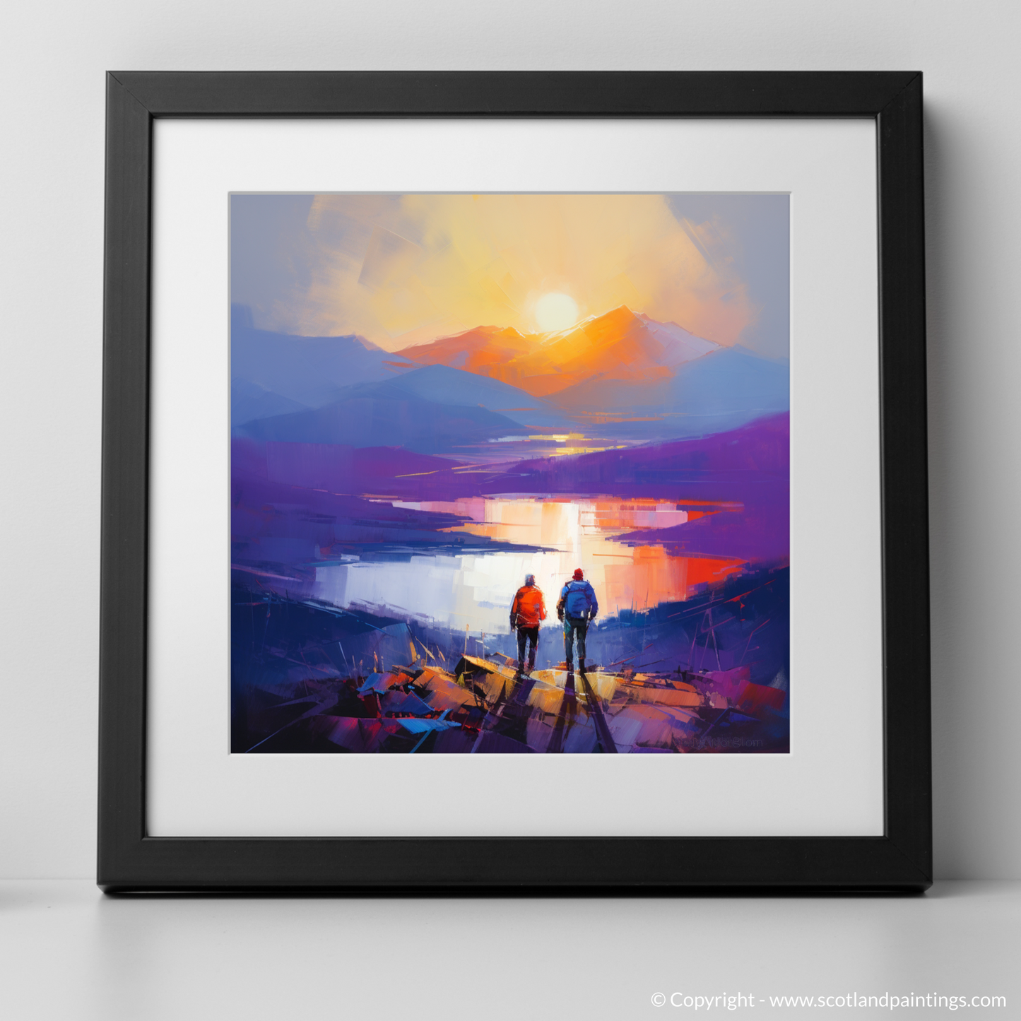 Art Print of Two hikers looking out on Loch Lomond with a black frame