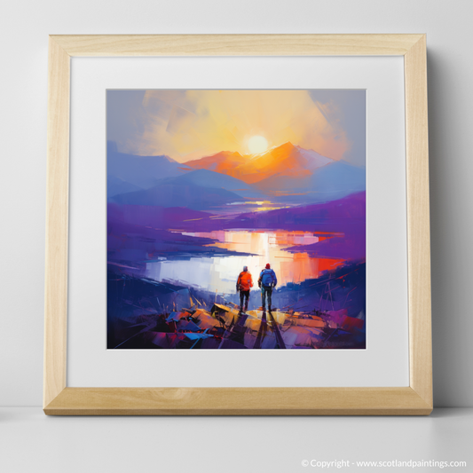 Art Print of Two hikers looking out on Loch Lomond with a natural frame